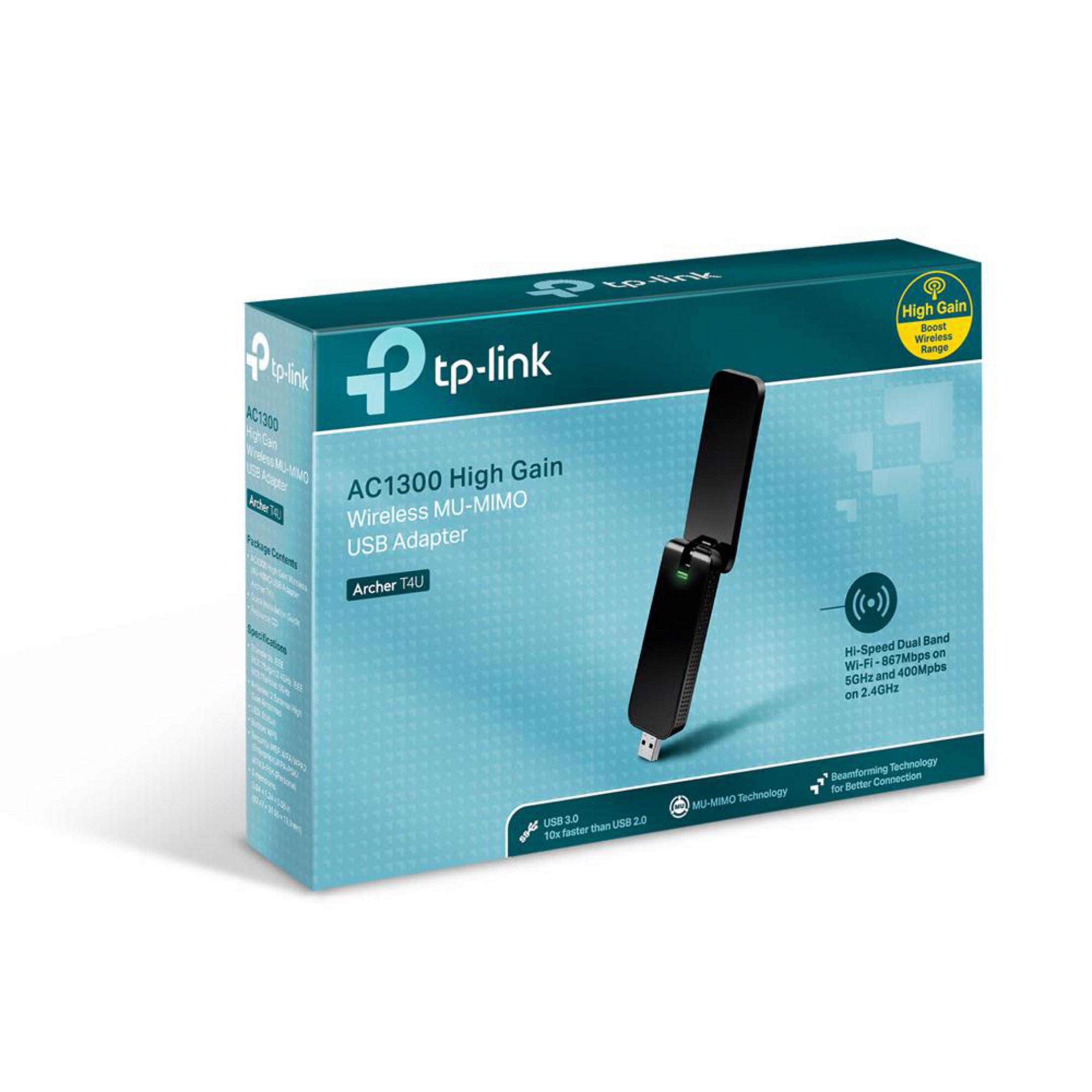 Eine tp-link AC1300 High-Gain-WLAN-USB-Adapterbox. Die Box ist tealfarben mit Produktdetails und einem schwarzen Adapter.