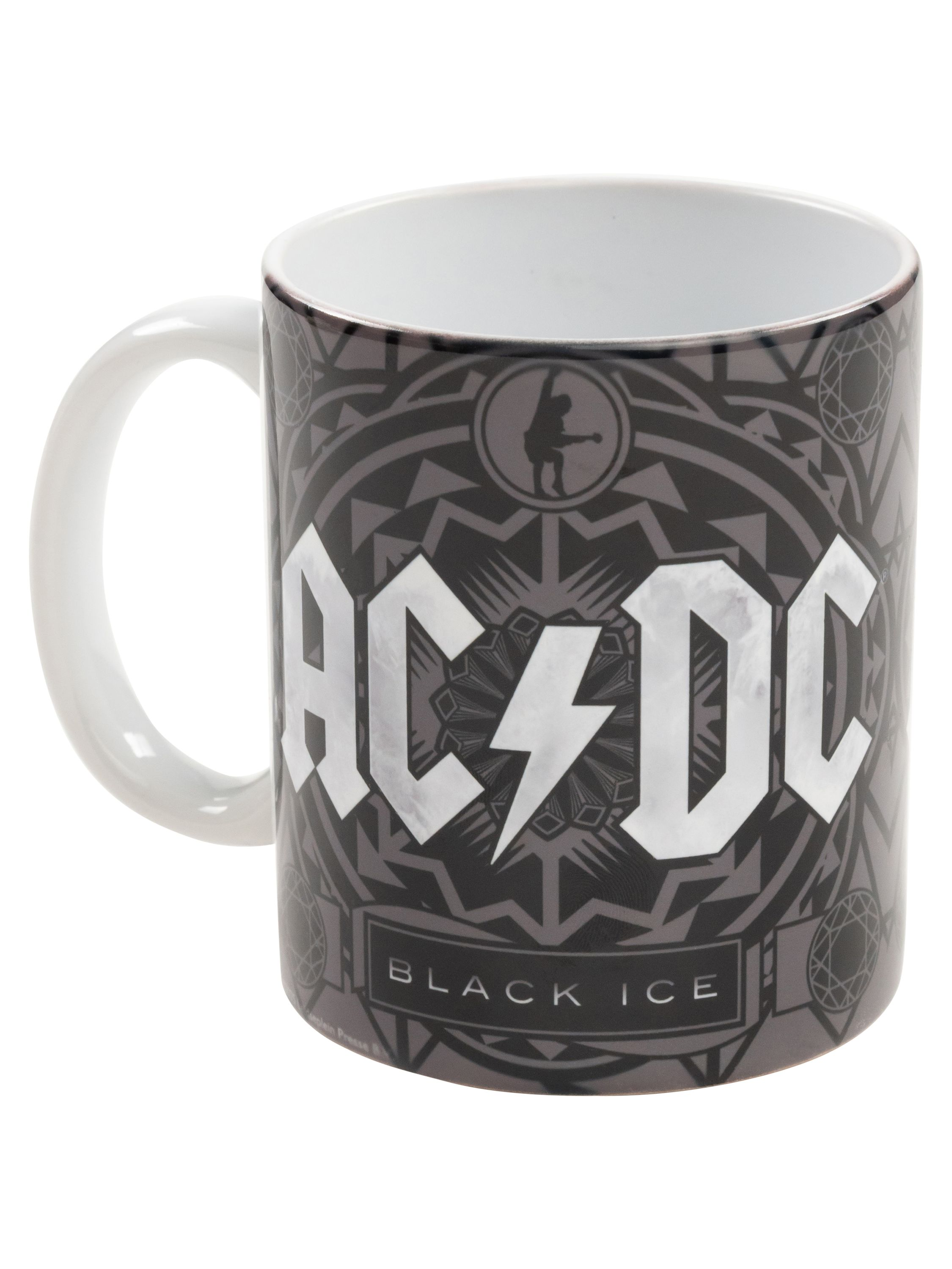 Tasse mit AC/DC-Logo. Schwarz-graues Design mit weißem Henkel.