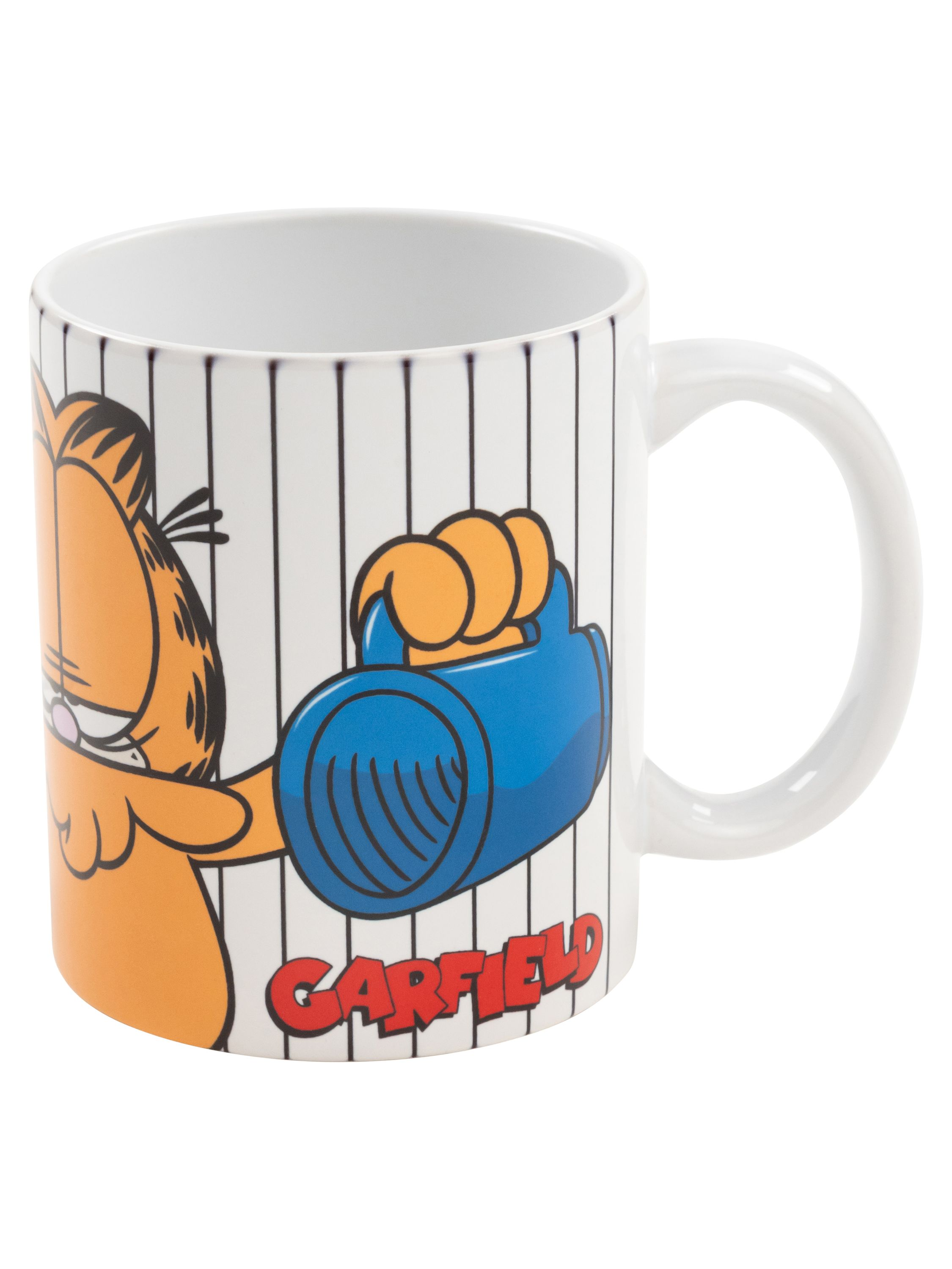 Garfield-Tasse mit Garfield, der einen Baseballhandschuh hält, mit Nadelstreifen-Hintergrund und Garfield-Text.