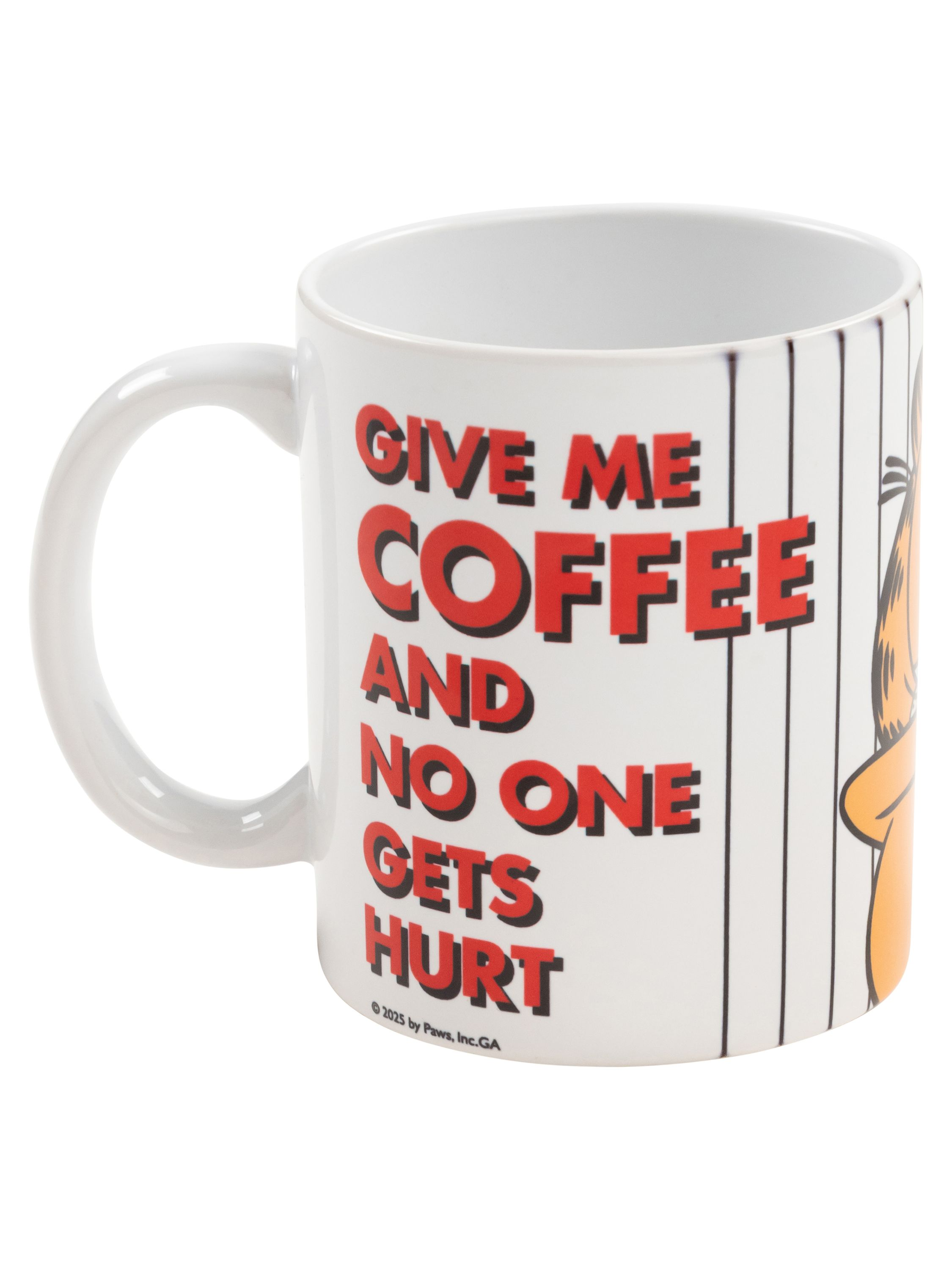 Weißer Garfield-Becher mit Text: Gib mir Kaffee und niemand wird verletzt.