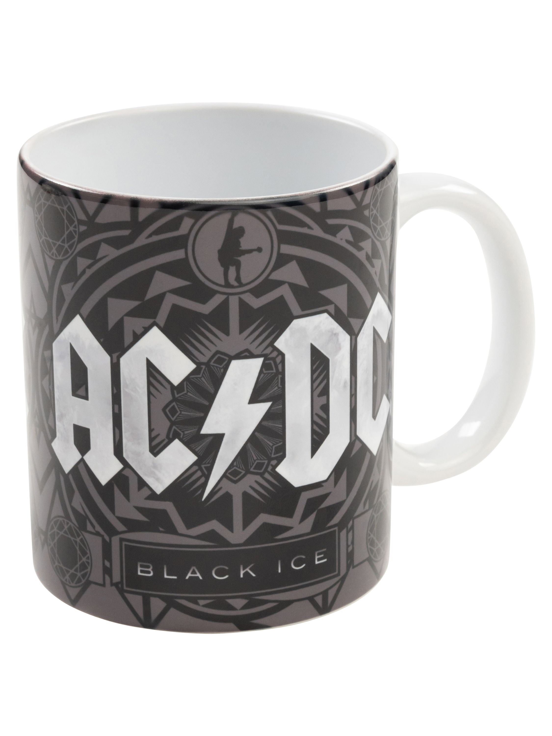 AC/DC-Tasse mit Schwarz-Weiß-Design, AC/DC-Logo und dem Schriftzug 'Black Ice'.