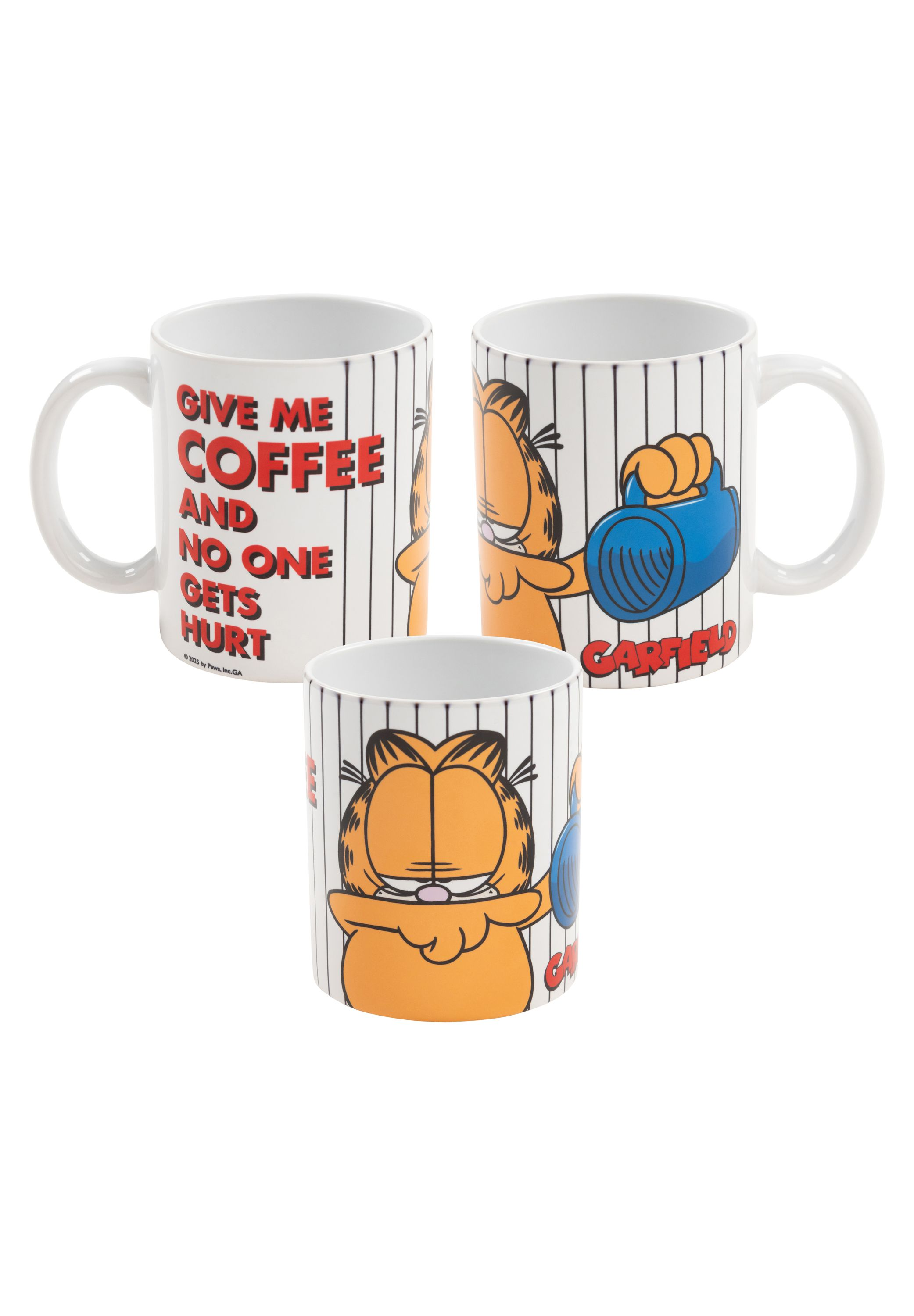 Garfield-Tassen. Auf einer steht 'Gib mir Kaffee', eine andere hält einen Gebläse.