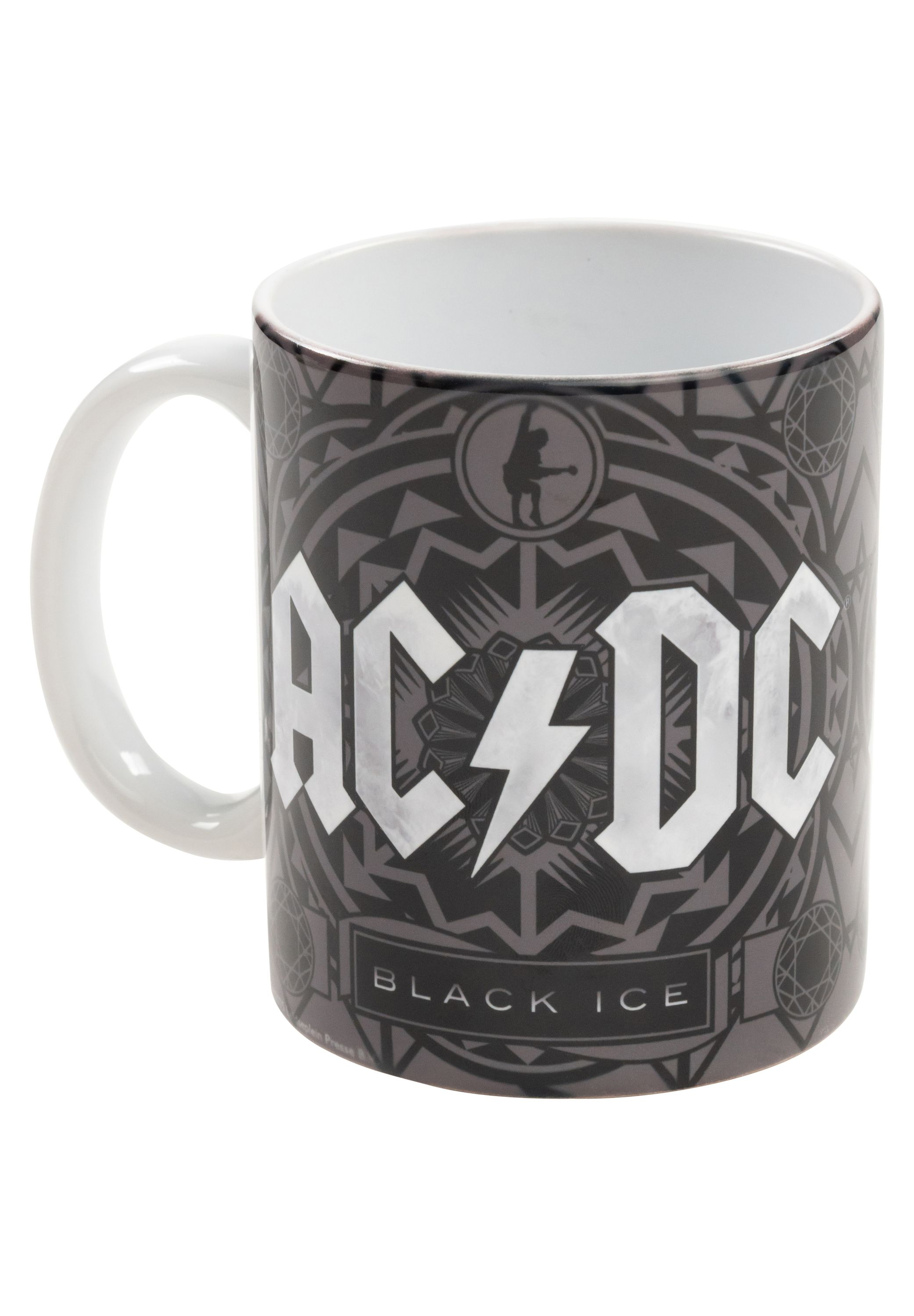 AC/DC Black Ice Tasse. Die Tasse hat ein schwarz-graues Design und einen weißen Griff.