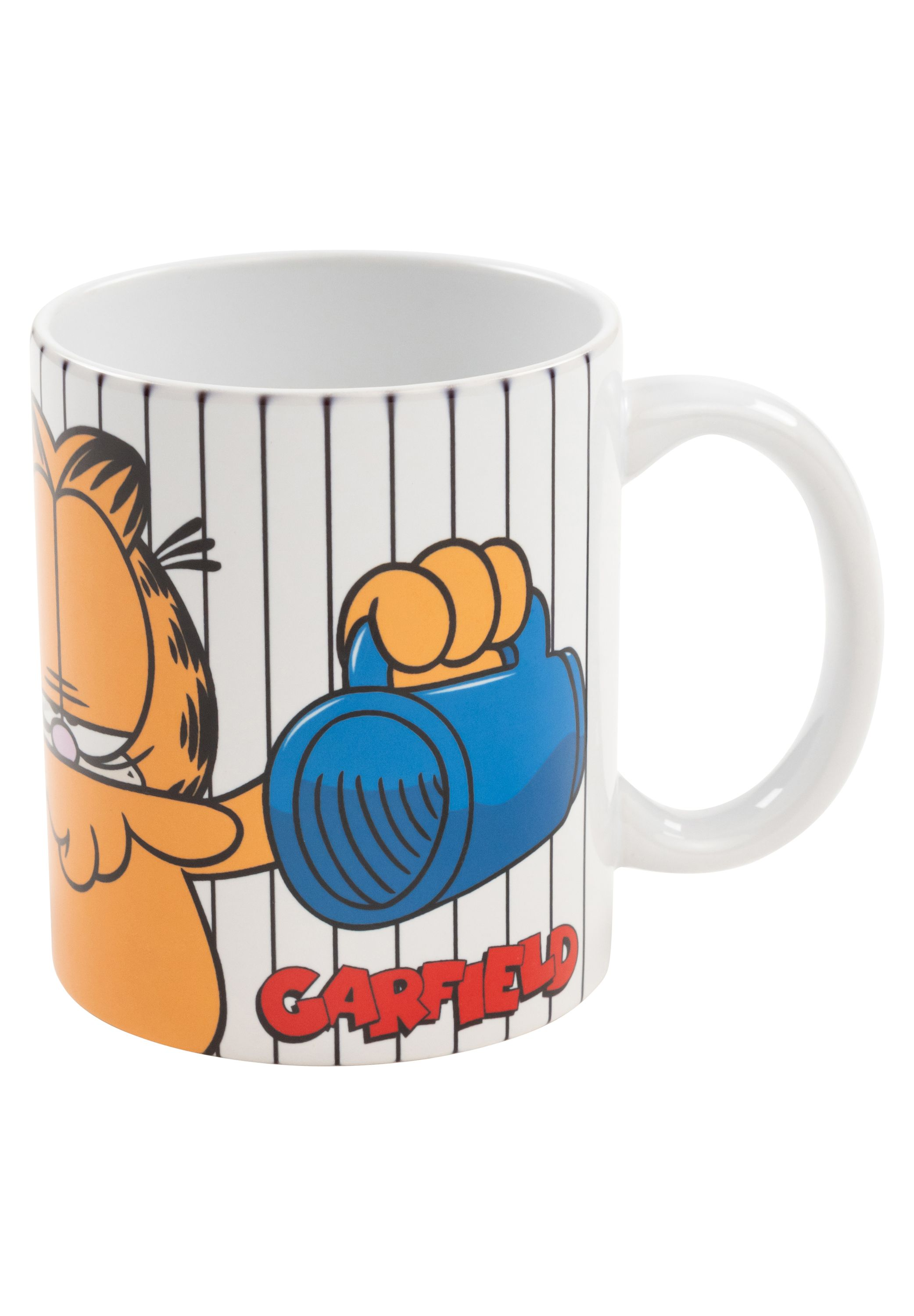 Garfield-Tasse, weiß mit orangefarbenem Garfield und blauem Objekt.