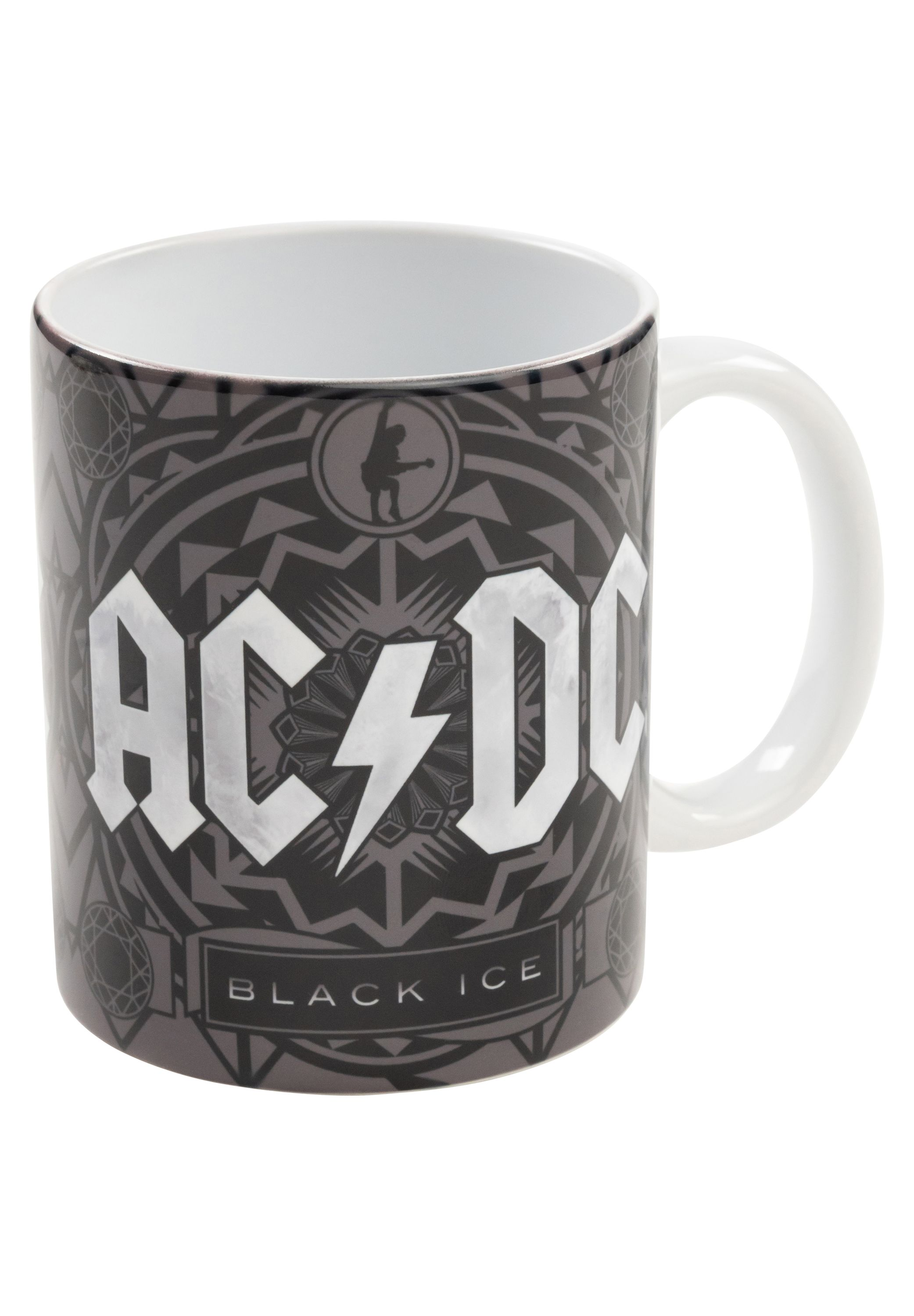 Eine weiße Tasse mit dem AC/DC-Logo und dem Black Ice-Design.