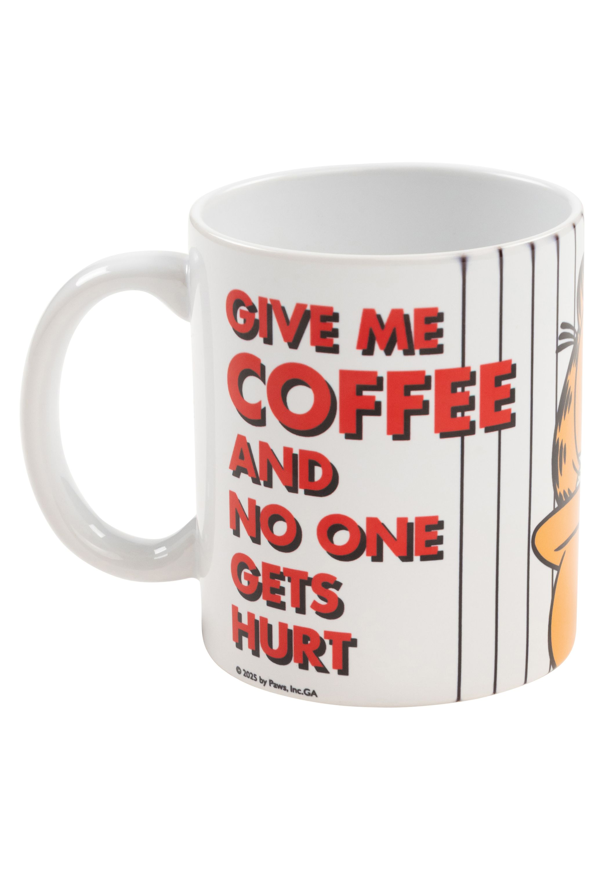 Weiße Tasse mit Garfield: 'GIVE ME COFFEE AND NO ONE GETS HURT'.