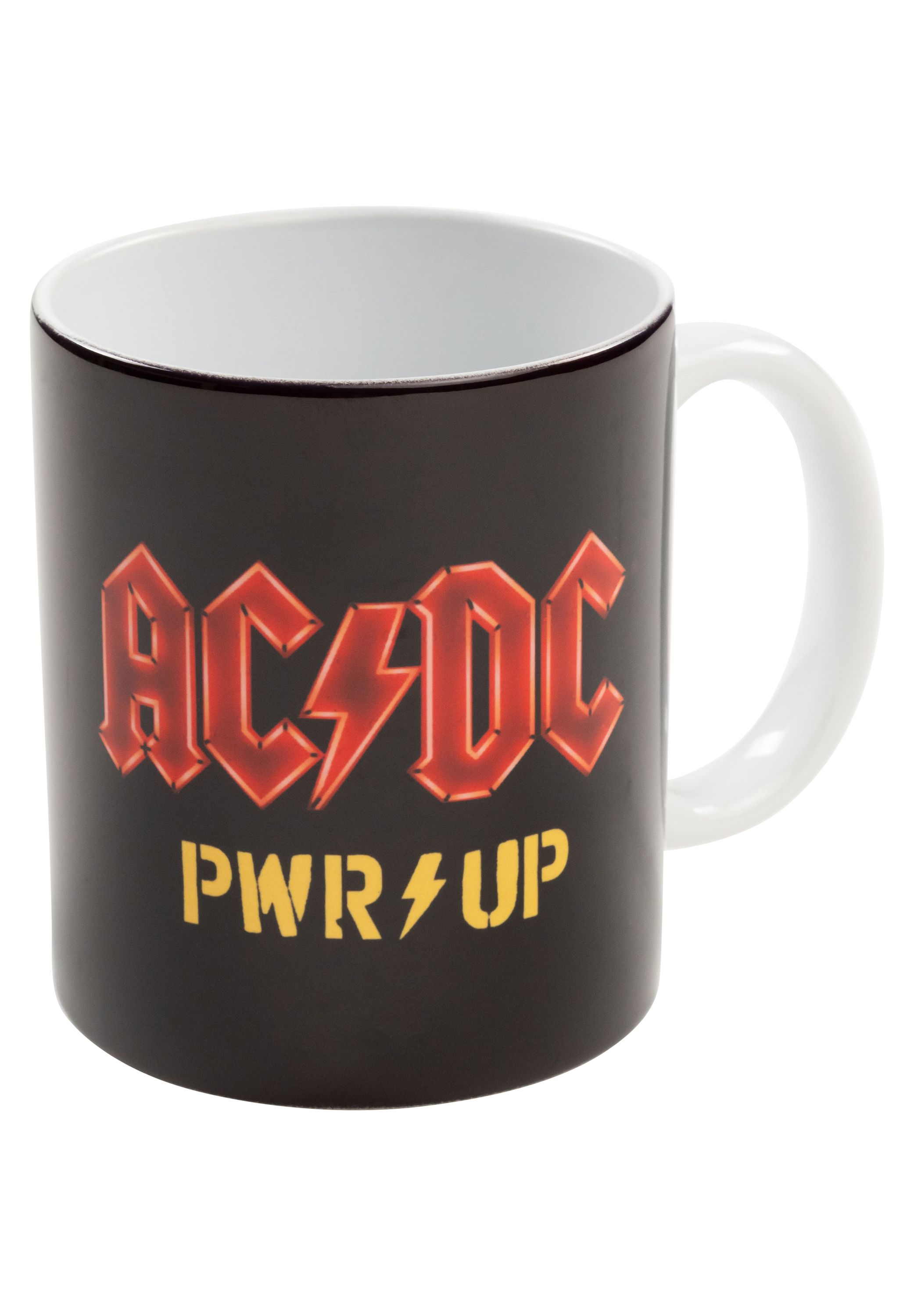 Schwarzer Becher mit rotem AC/DC-Logo und weißem Griff.