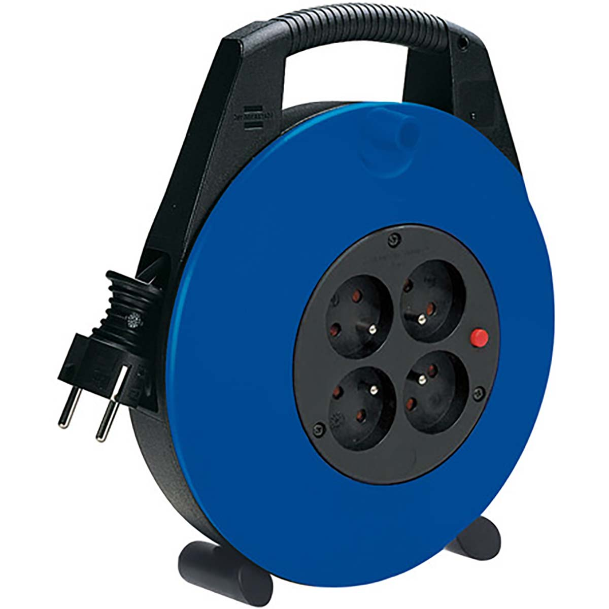Avvolgicavo blu con quattro prese, maniglia nera e spina nera.