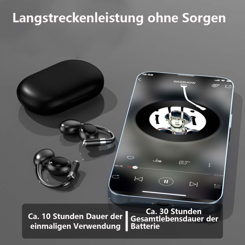 Schwarze Ohrhörer, Etui und Telefon mit Musikwiedergabe. Text zeigt 10 Stunden Nutzung und 30 Stunden Akkulaufzeit.