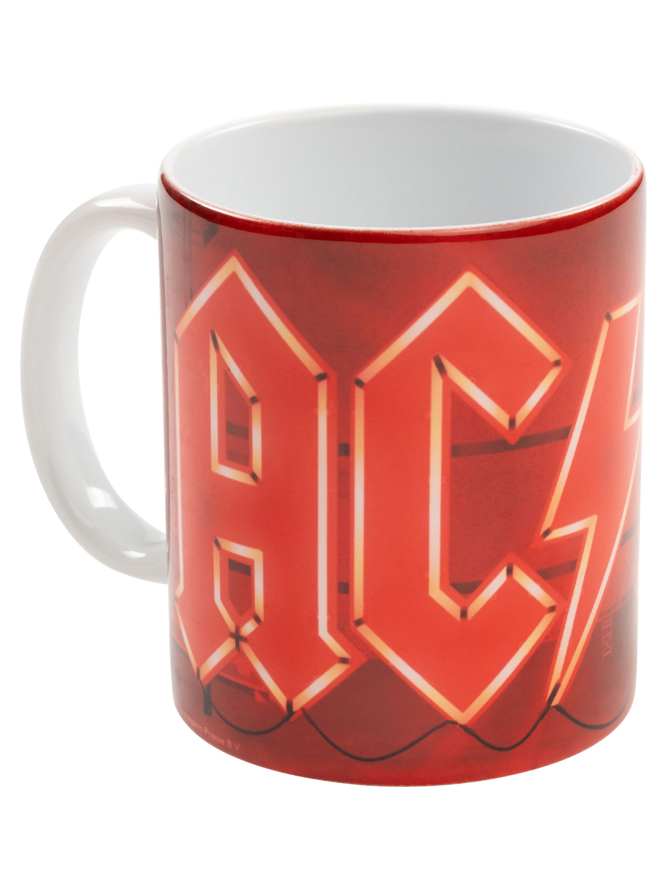 AC/DC-Tasse auf Weiß. Rot mit AC/DC-Logo. Weißer Griff, roter Rand.