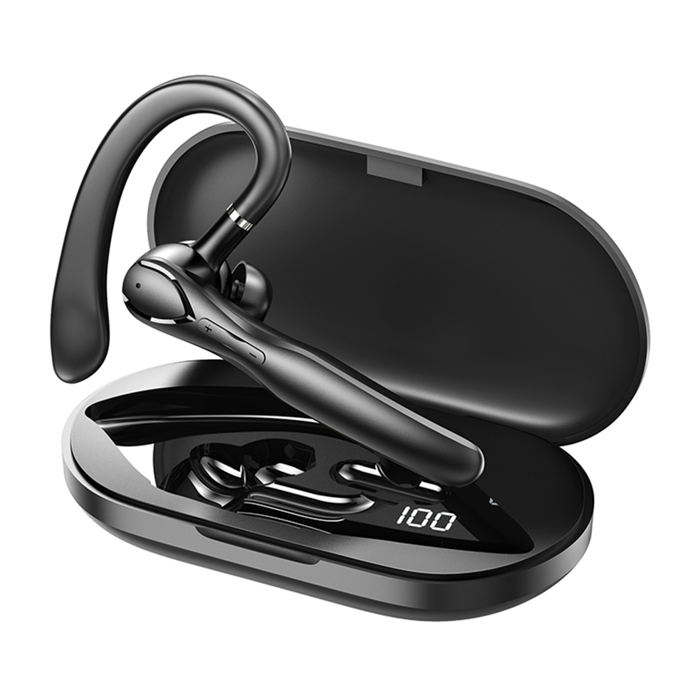 Schwarzes drahtloses Bluetooth-Headset mit Ladecase. Das Case zeigt 100 % Ladung. Headset im Ohrbügelstil.