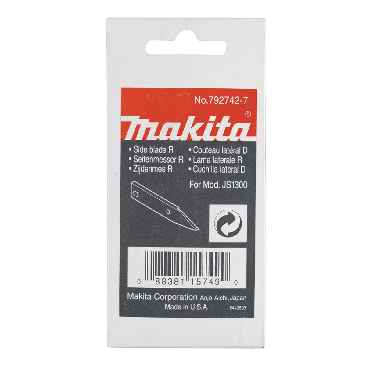 Eine weiß-rote Makita-Seitenklinge-Verpackung mit Produktinformationen auf weißem Hintergrund.