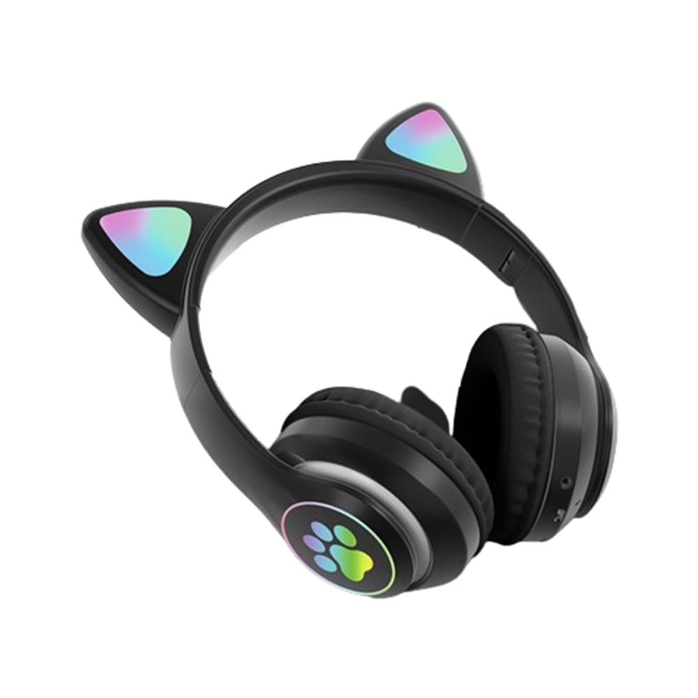 Schwarze Katzenohrkopfhörer mit Regenbogenakzenten. Die Kopfhörer haben ein Pfotenabdruck-Logo auf den Ohrmuscheln.