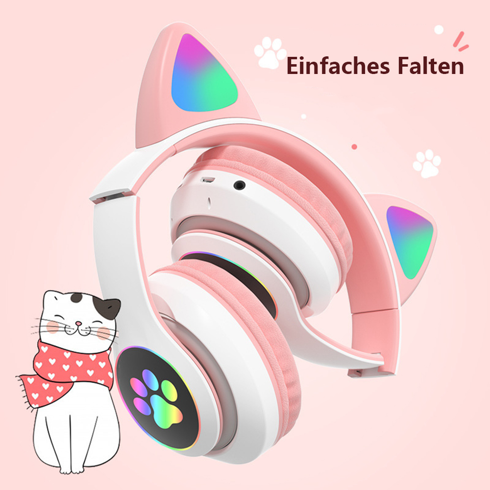 Rosa-weiße Katzenohr-Kopfhörer mit Katze und Text: Einfaches Falten.