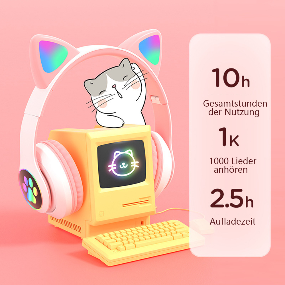 Rosa Katzenohrhörer mit Retro-Computergrafik. Anzeige zeigt Nutzungsstatistiken.