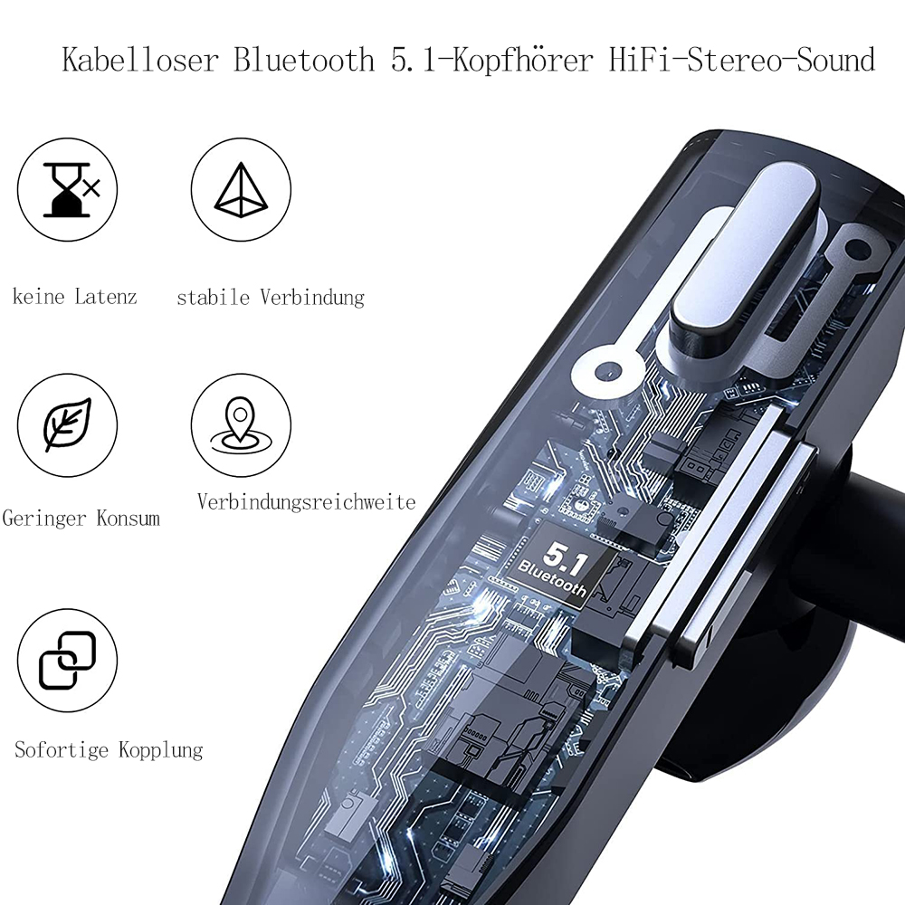 Ein kabelloser Bluetooth-Kopfhörer, bei dem die inneren Komponenten sichtbar sind. Das Bild zeigt elektronische Schaltkreise und Funktionen.