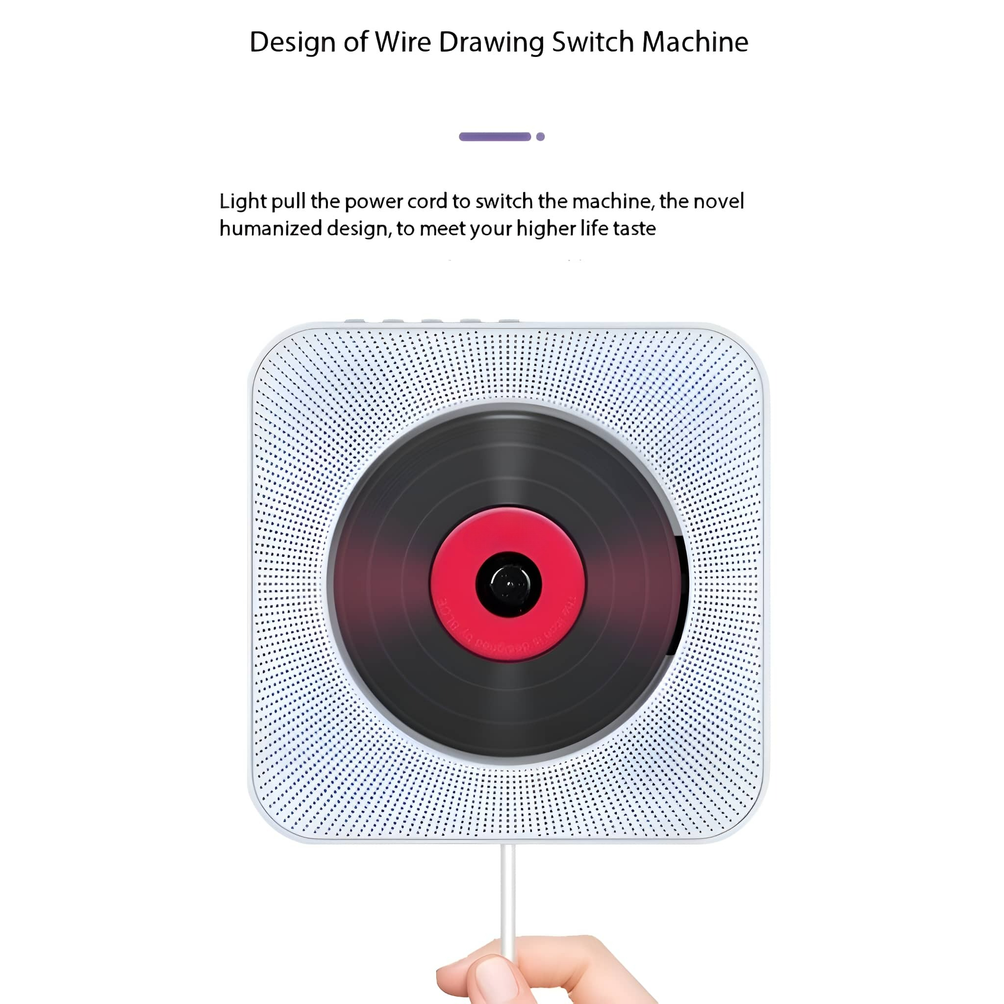 Quadratischer CD-Player mit schwarzer und roter Disc. Eine Hand hält das weiße Netzkabel.