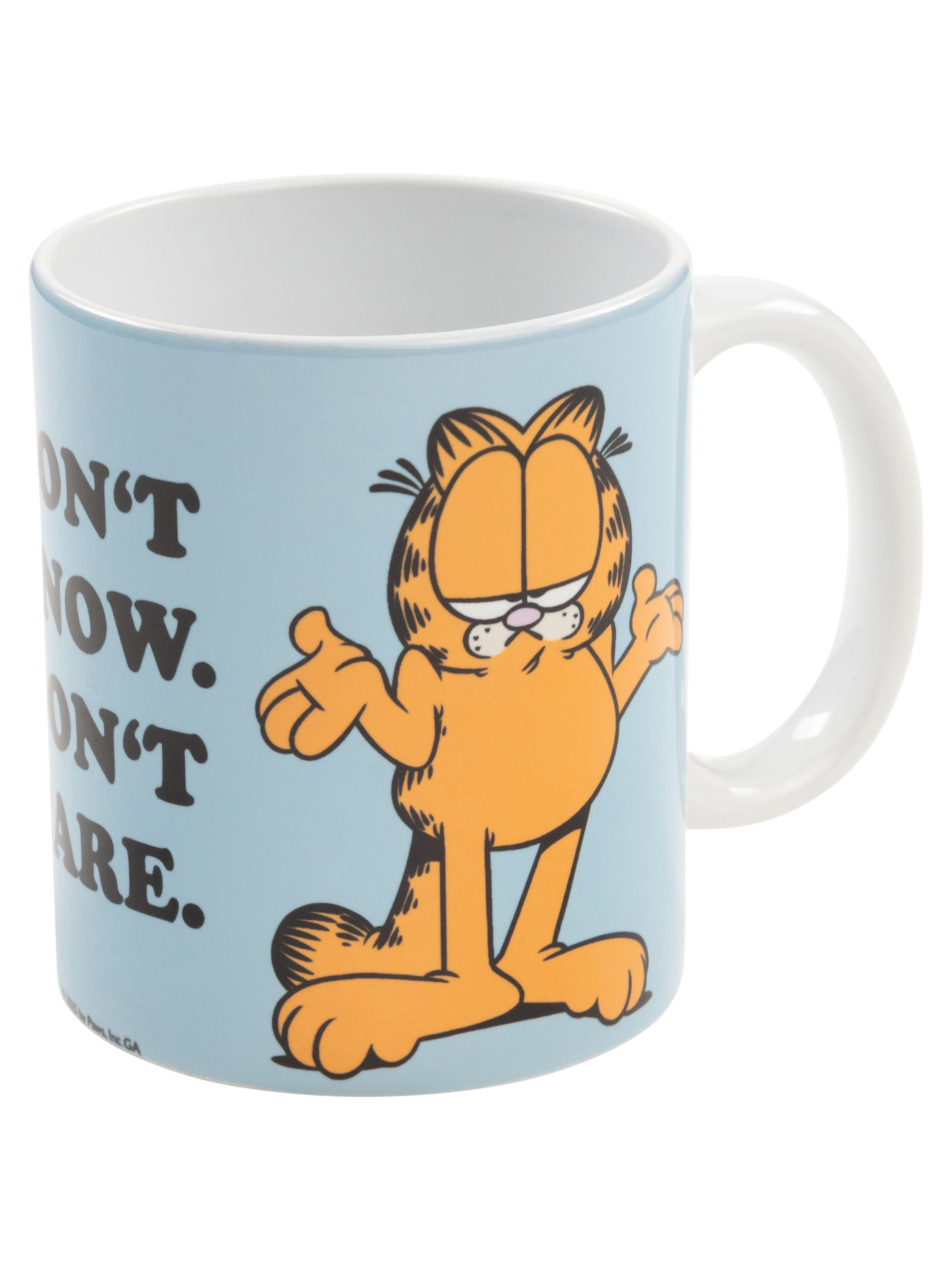 Eine blaue Garfield-Tasse mit den Worten 'I don't know. I don't care.' und einem Cartoon-Bild.