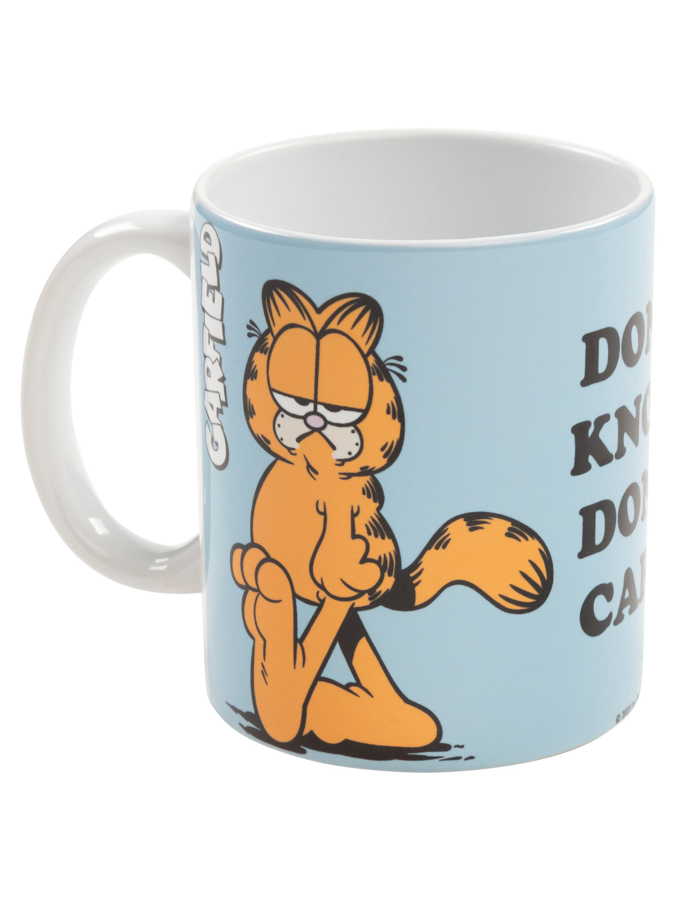 Garfield-Tasse mit Garfield-Cartoonfigur auf hellblauem Hintergrund mit Text.