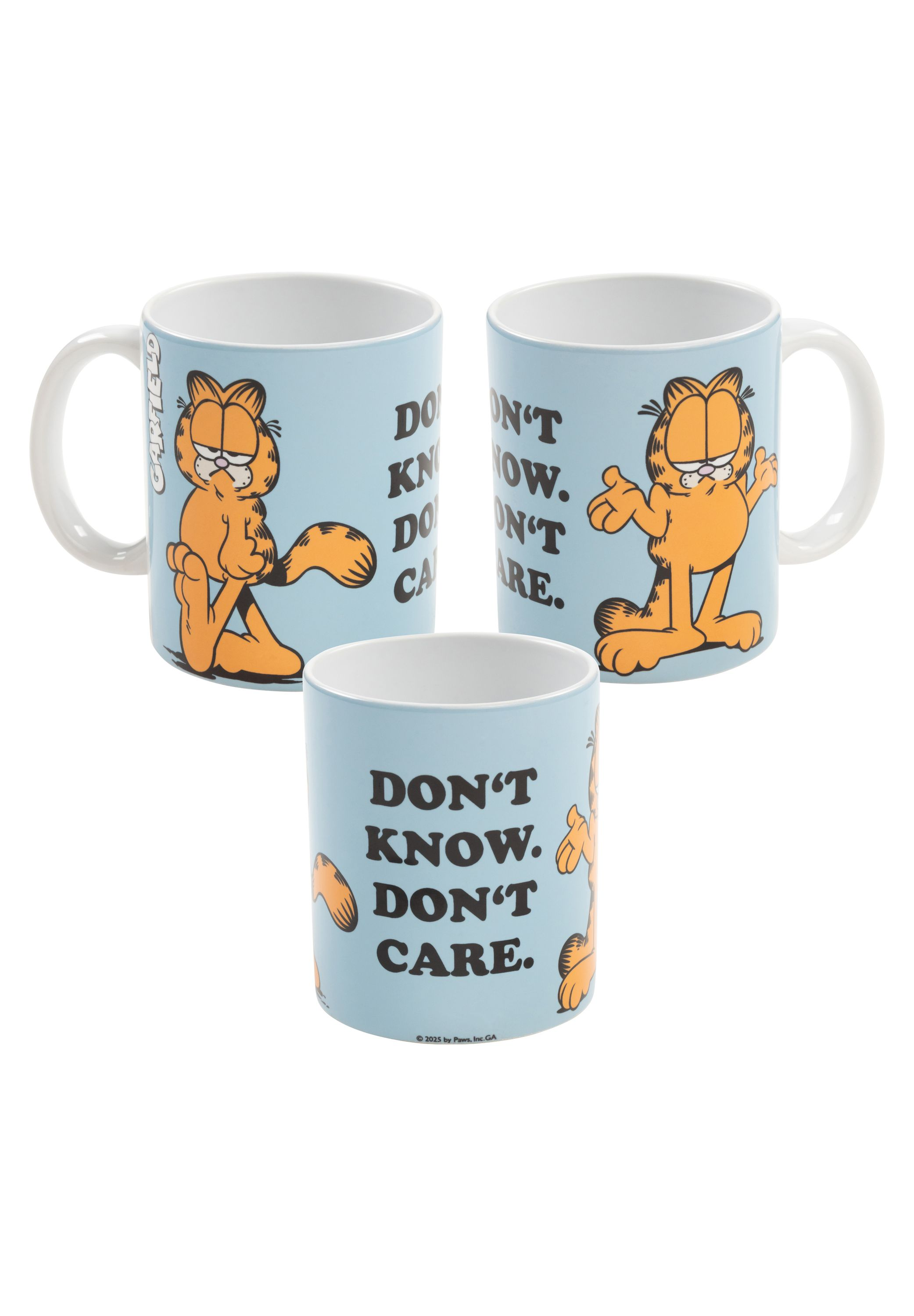 Garfield-Tassen mit orangefarbenen Katzenillustrationen und dem Text "DON'T KNOW. DON'T CARE."