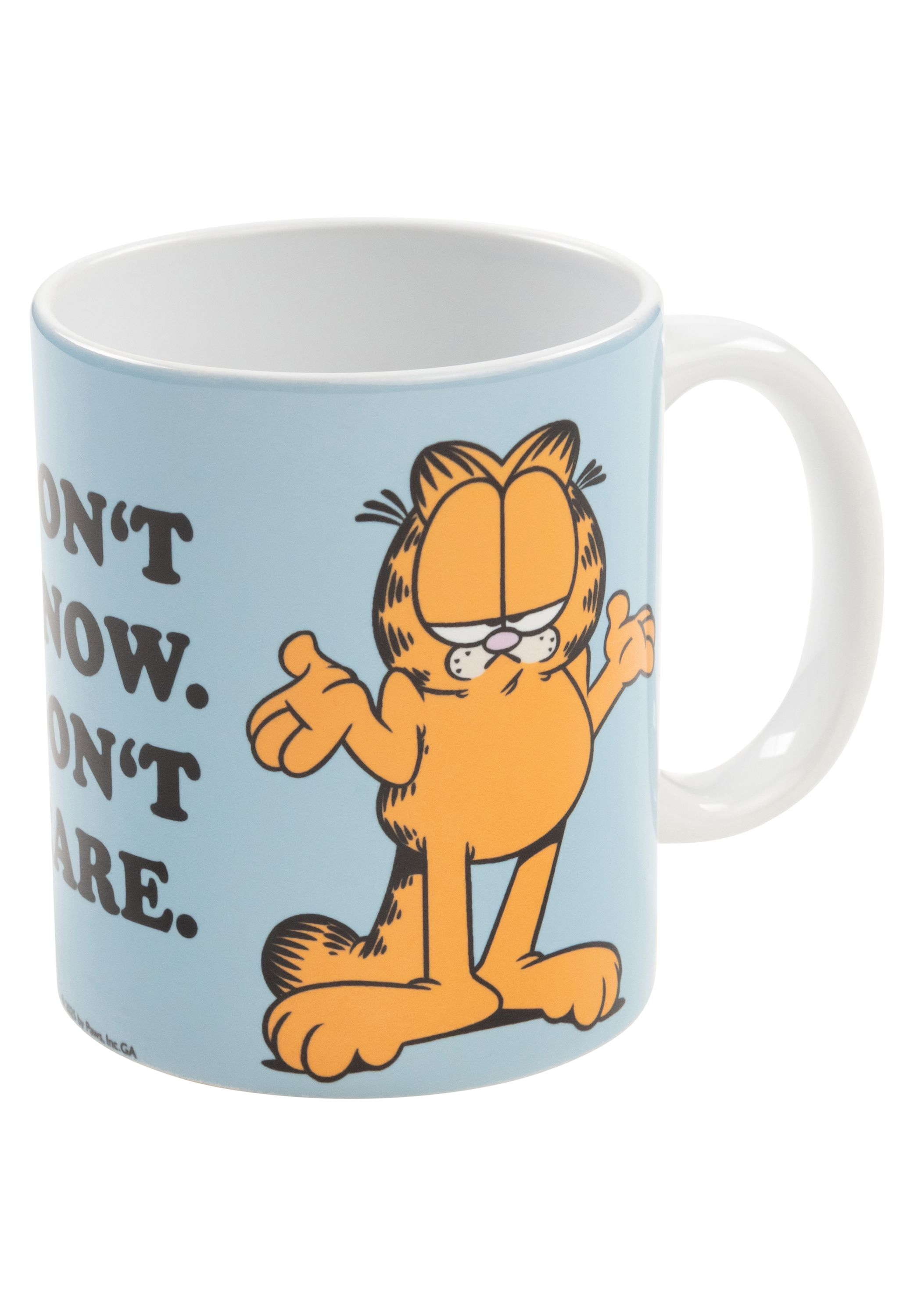 Garfield die Katze auf einer blauen Tasse mit Text, auf weißem Hintergrund.