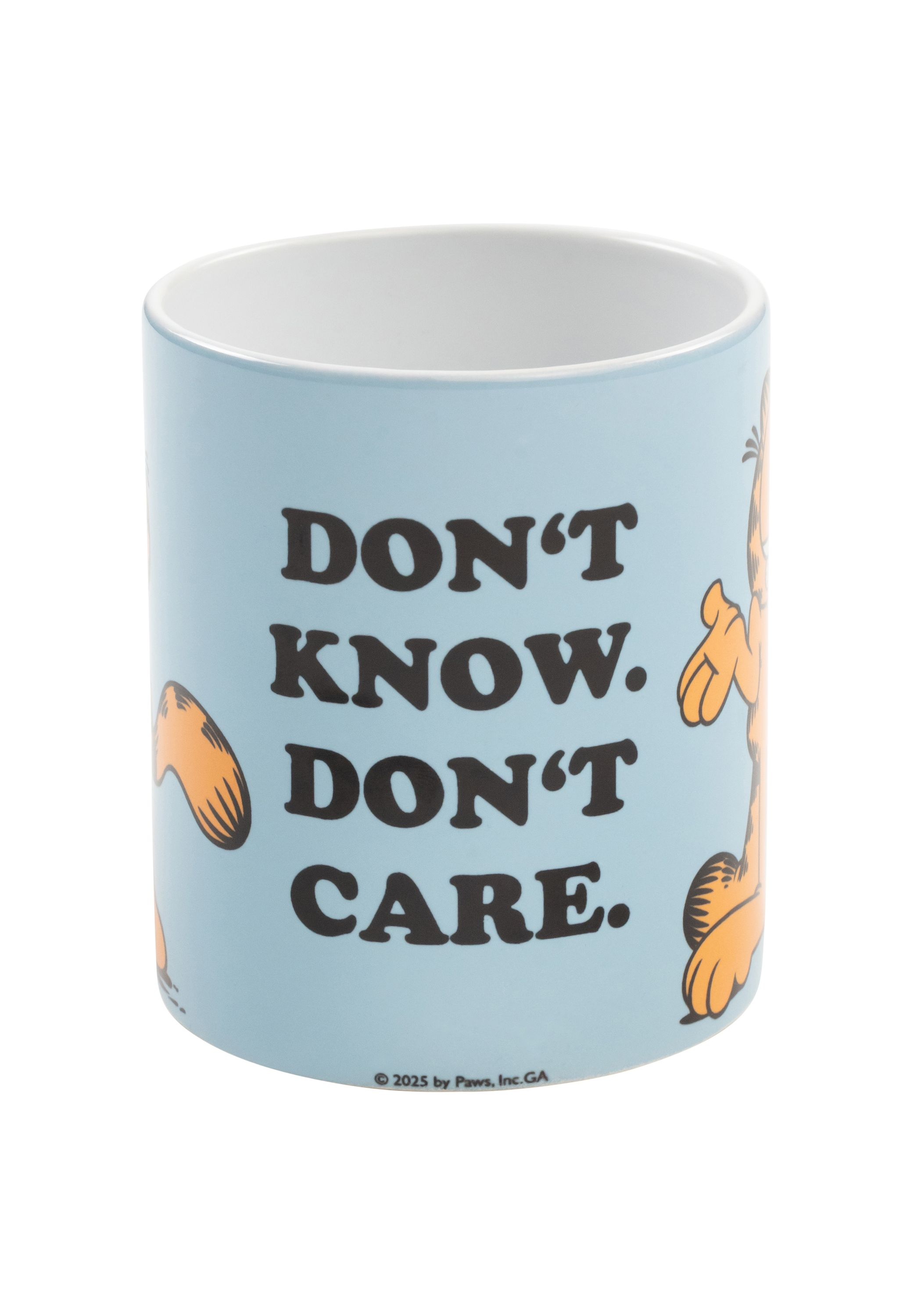 Eine blaue Garfield-Tasse mit dem Text "DON'T KNOW. DON'T CARE."