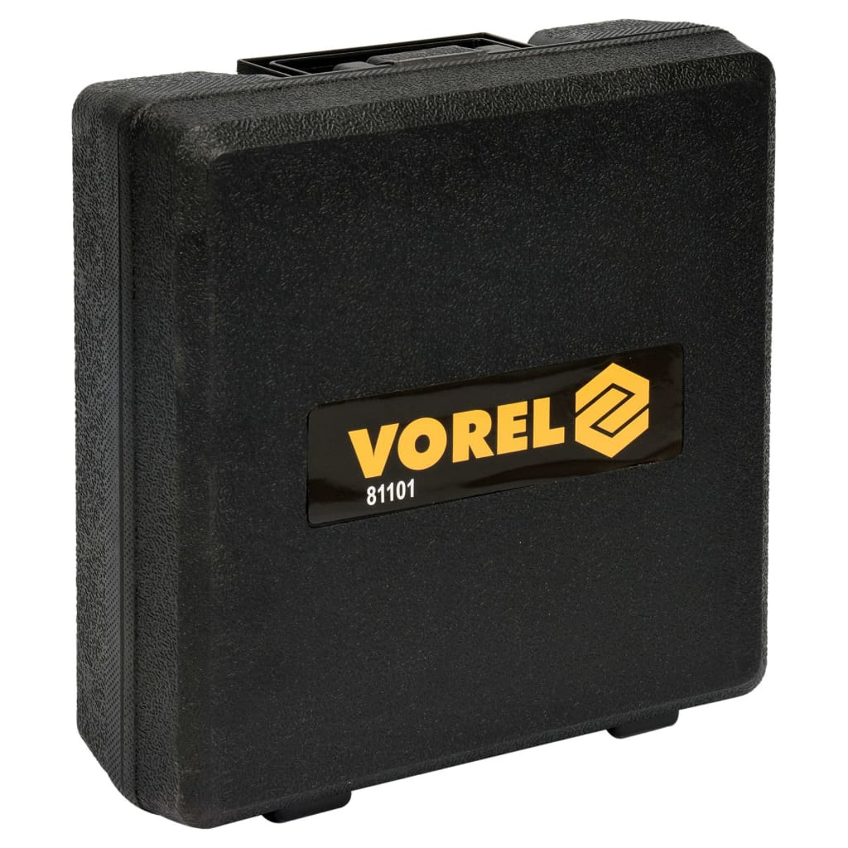 Una valigetta per attrezzi Vorel nera con logo giallo, su una superficie bianca.