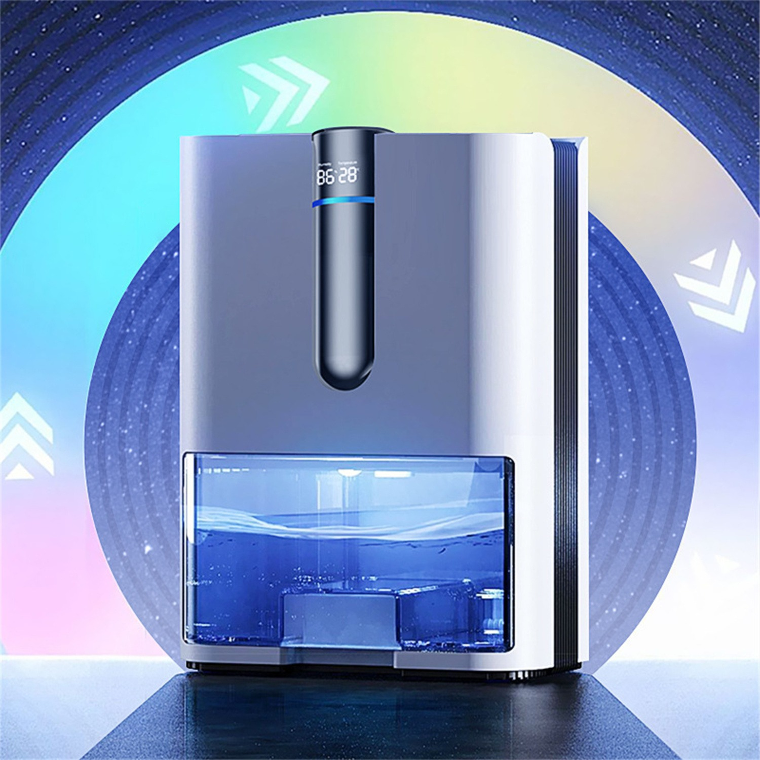 Ein weißes und silbernes Gerät mit blauem Wassertank und digitaler Anzeige. Der Hintergrund hat Pfeile.
