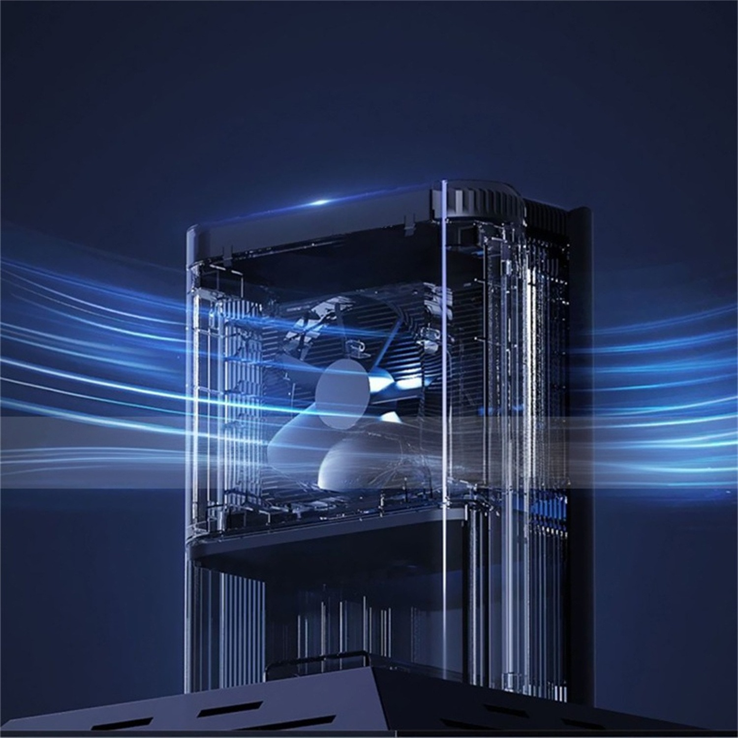 Transparente Maschine mit zwei Lüftern. Blaue Lichter und Luftstrom sind sichtbar.