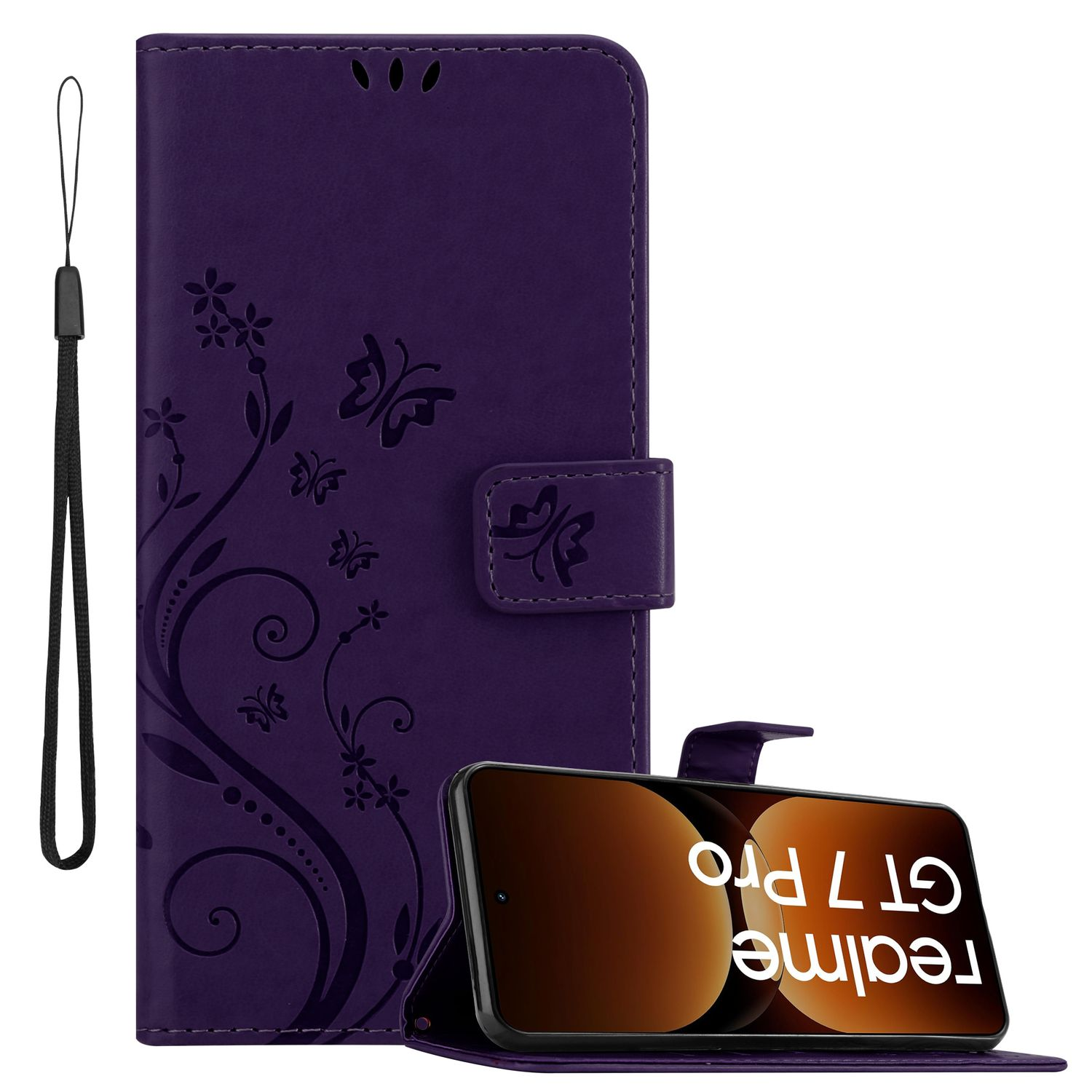 Lila Handyhülle mit einem Telefon darin. Die Hülle hat Blumendesigns und eine Schlaufe.