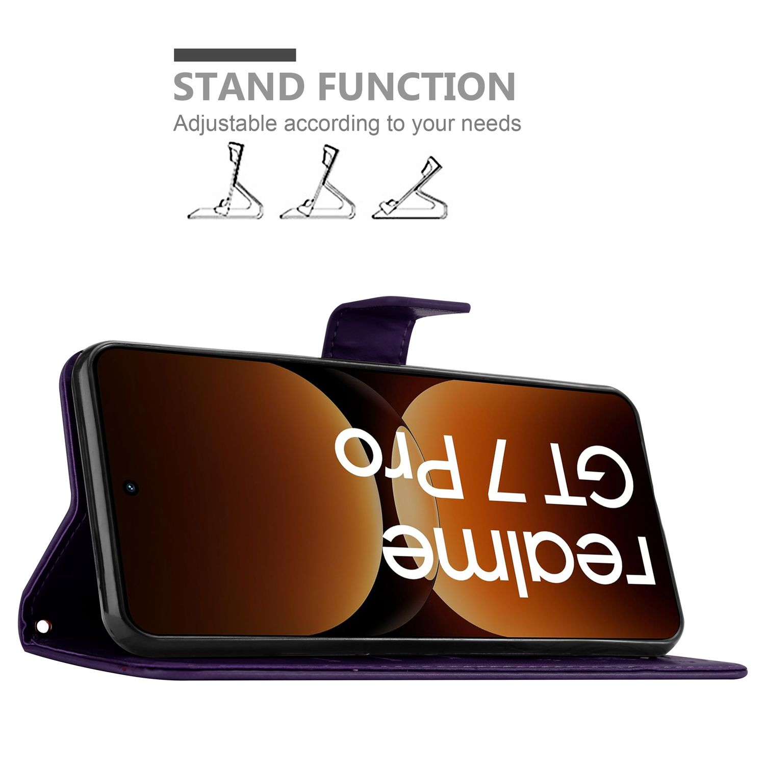 Eine lila Handyhülle mit Smartphone, mit Standfunktion und Text auf dem Bildschirm.