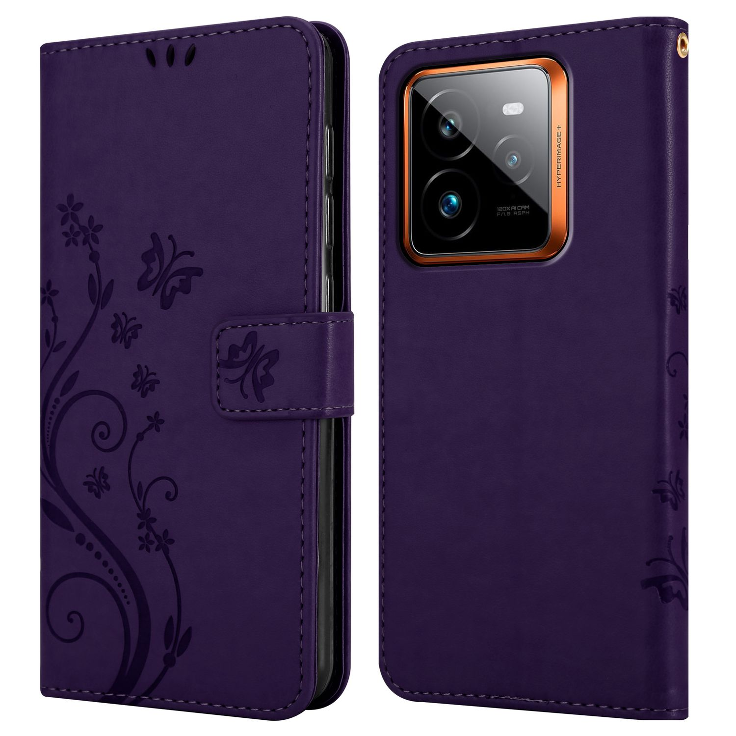 Lila Handyhülle mit floralem Design und Telefon darin. Zwei Teile offen.