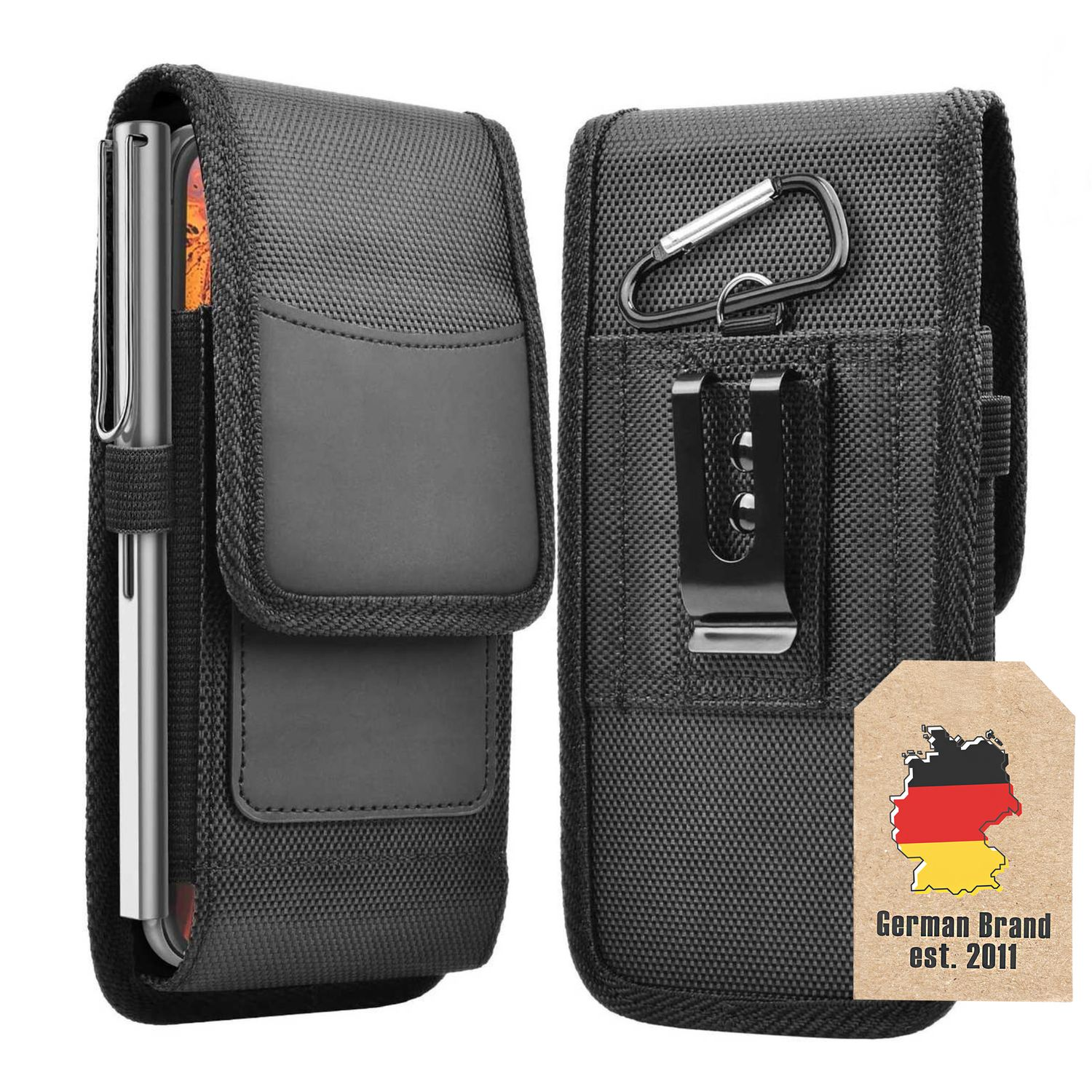 Schwarze Telefonholstertasche mit Gürtelclip und deutschem Markenetikett.