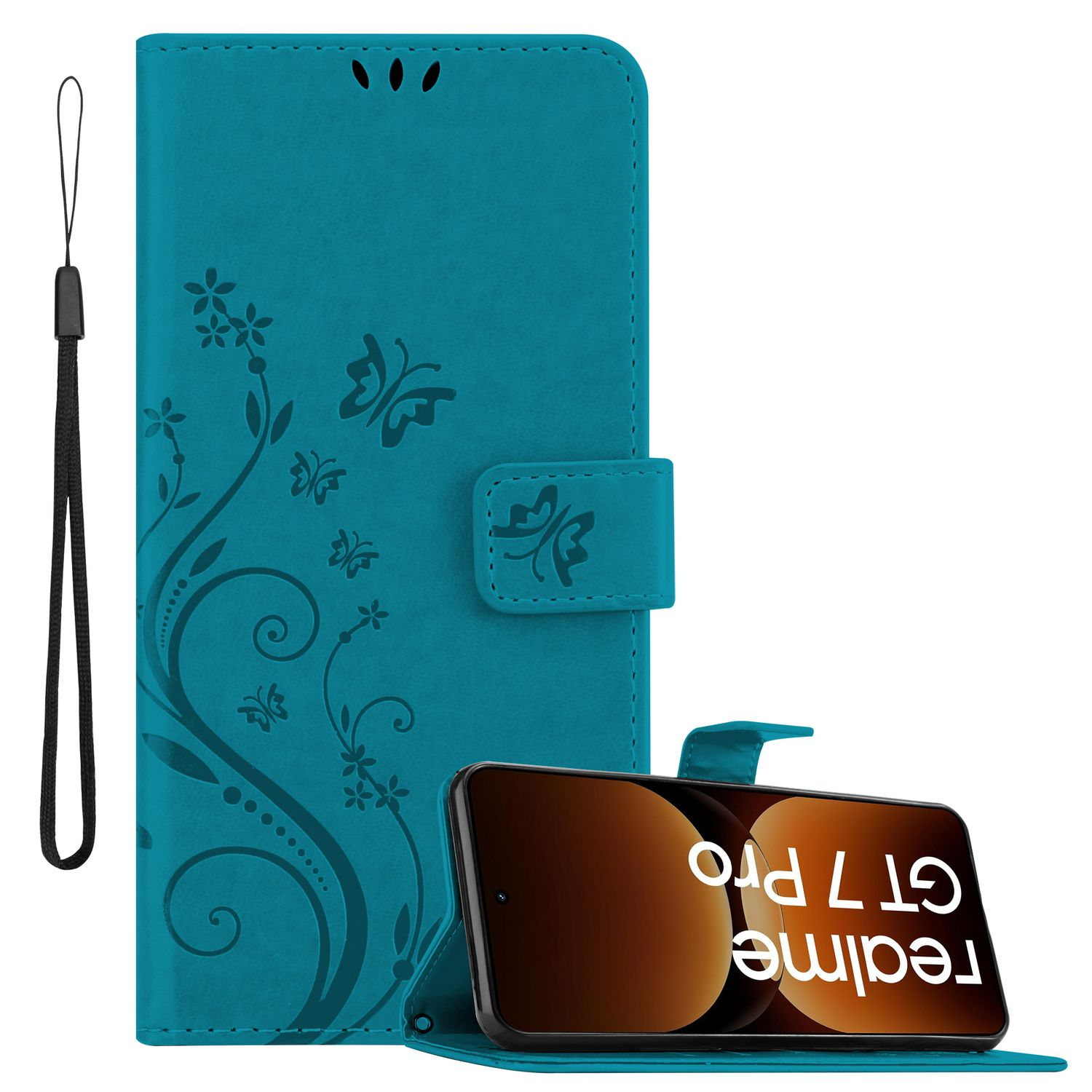 Türkisfarbene Handyhülle mit einem Telefon darin. Die Hülle hat Blumen- und Schmetterlingsmuster und einen Riemen.