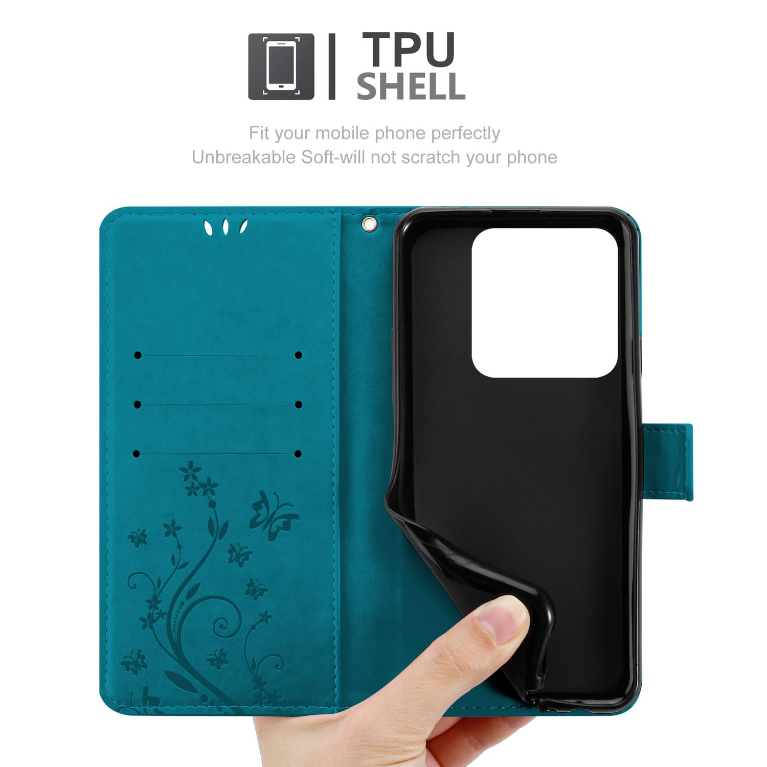 Eine türkisfarbene Handyhülle mit floralem Design, eine Hand, die das Telefon hält.