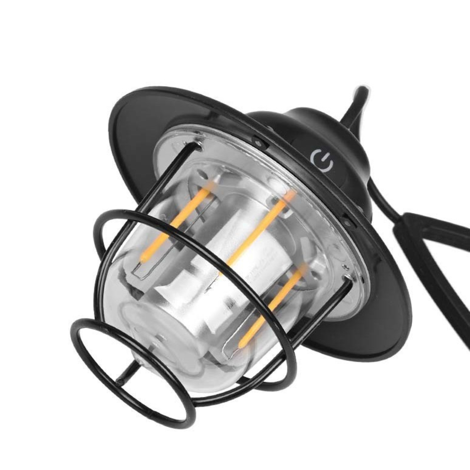 Eine schwarze Laterne im Vintage-Stil mit einem transparenten Glaseinschluss und sichtbaren LEDs.