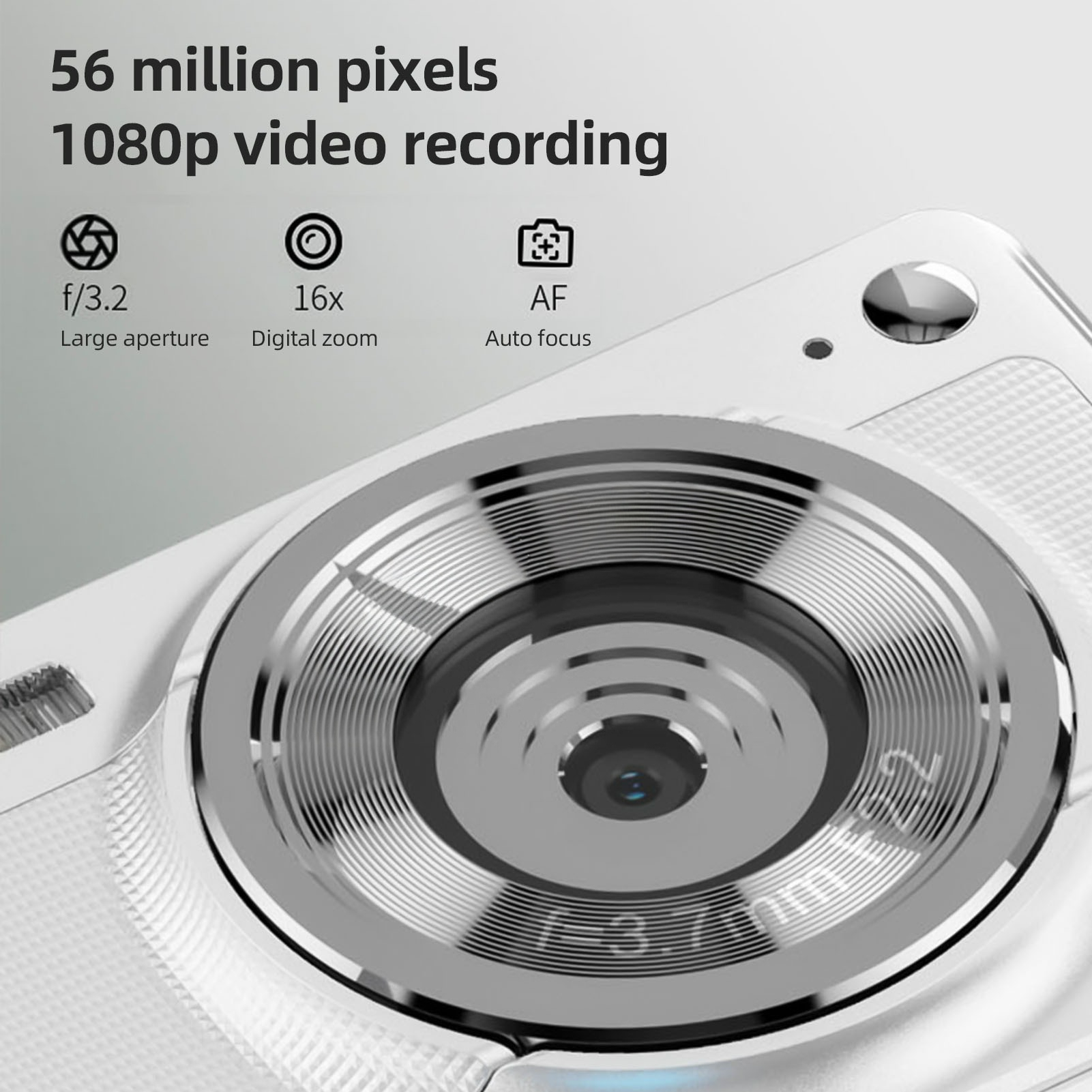 Weiße Kamera Nahaufnahme mit Text: 56 Megapixel, 1080p Videoaufzeichnung, f/3.2, 16x Zoom.