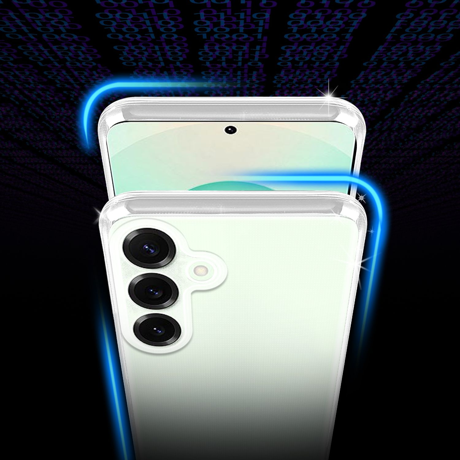 Eine transparente Handyhülle über einem grünen Telefon mit digitalem Datenhintergrund.