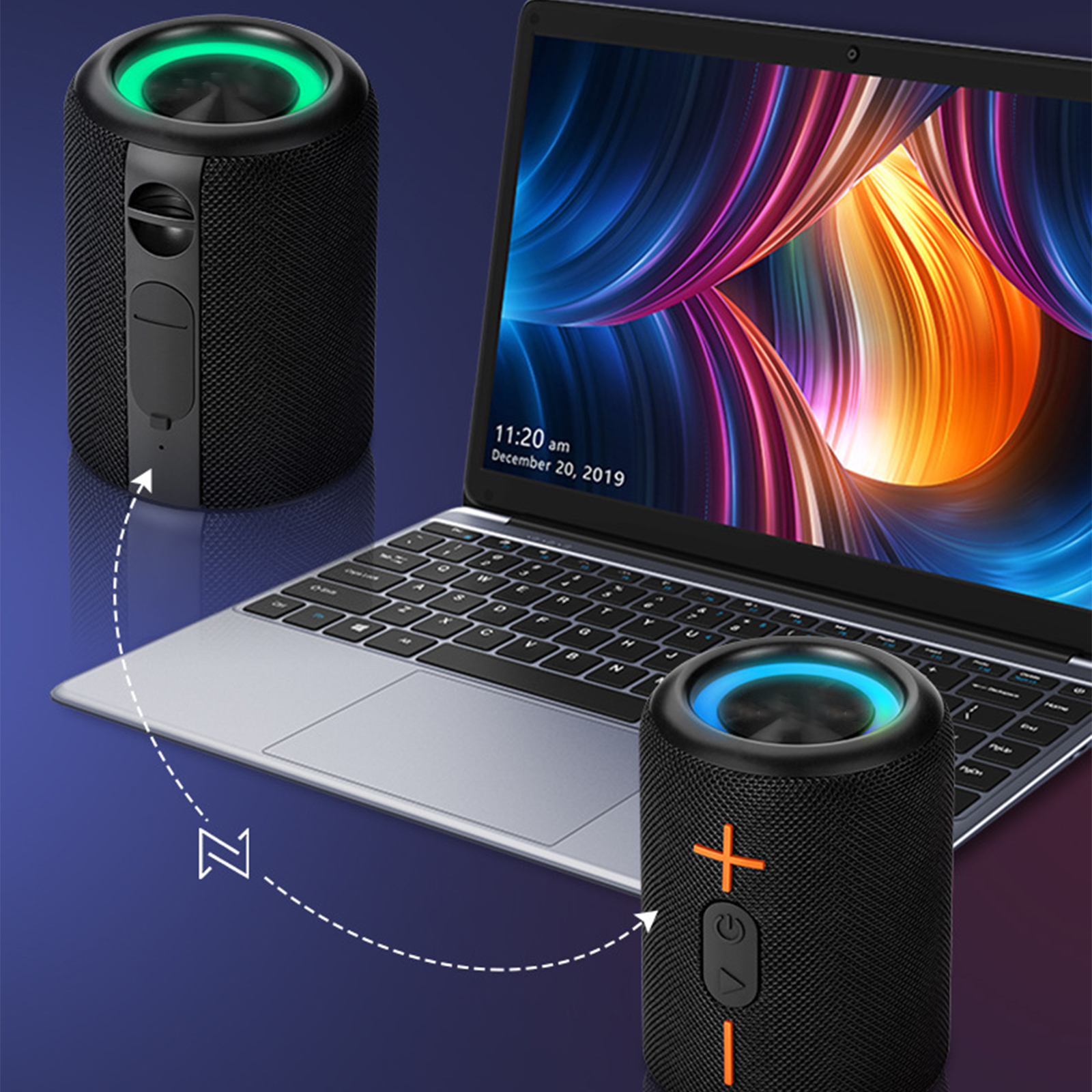 Schwarze Lautsprecher neben einem Laptop mit farbenfrohem Bildschirm; blaues und grünes Licht.