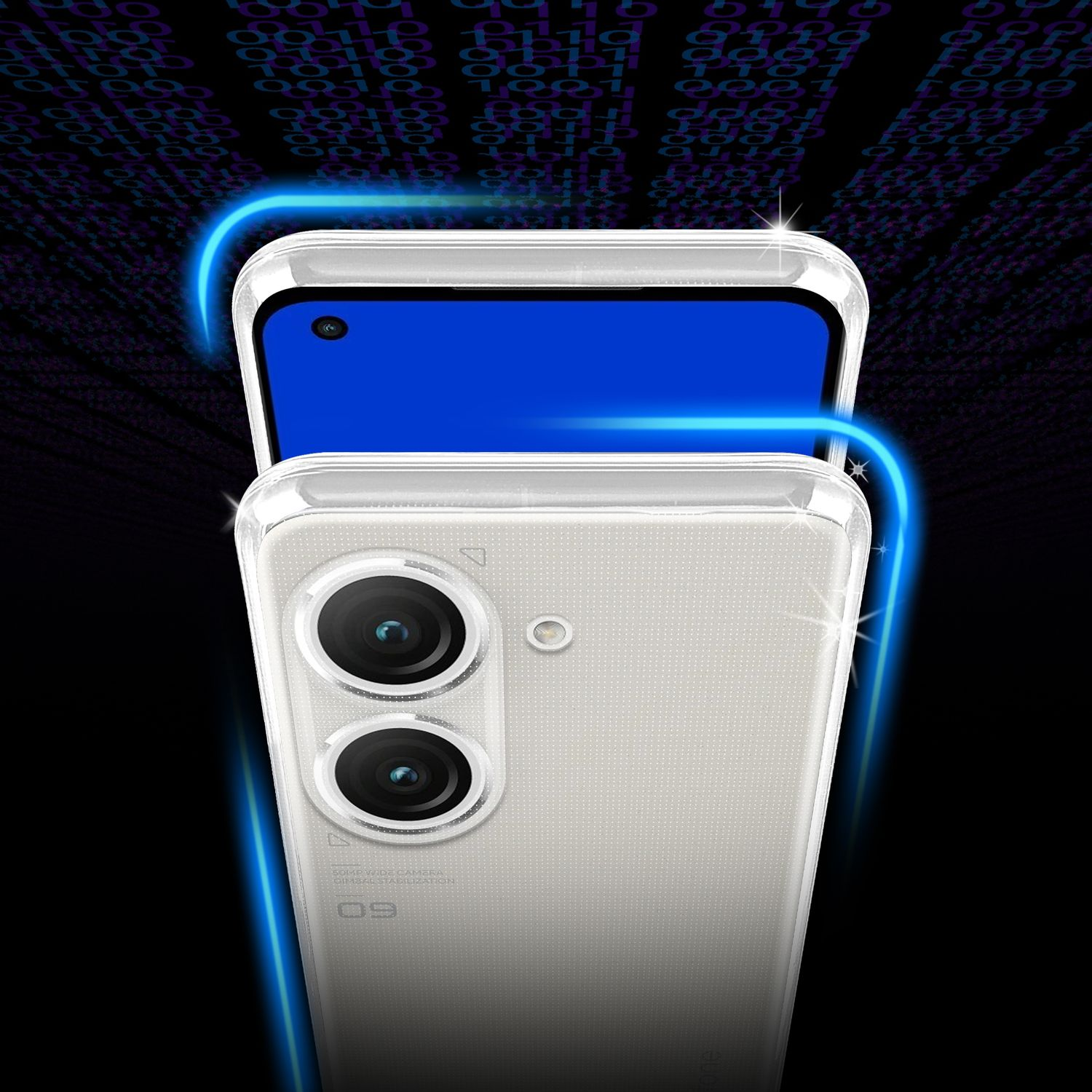 Smartphone mit blauem Bildschirm in klarer Hülle, auf schwarzem Hintergrund.