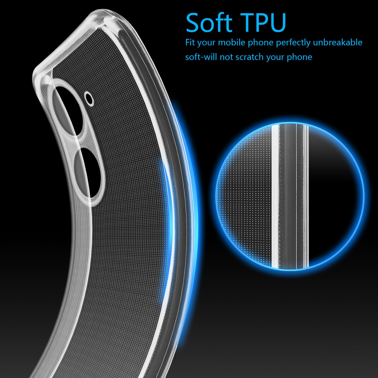 Transparente Handyhülle mit Telefon darin. Die Hülle ist nah dran und zeigt ein gepunktetes Muster.