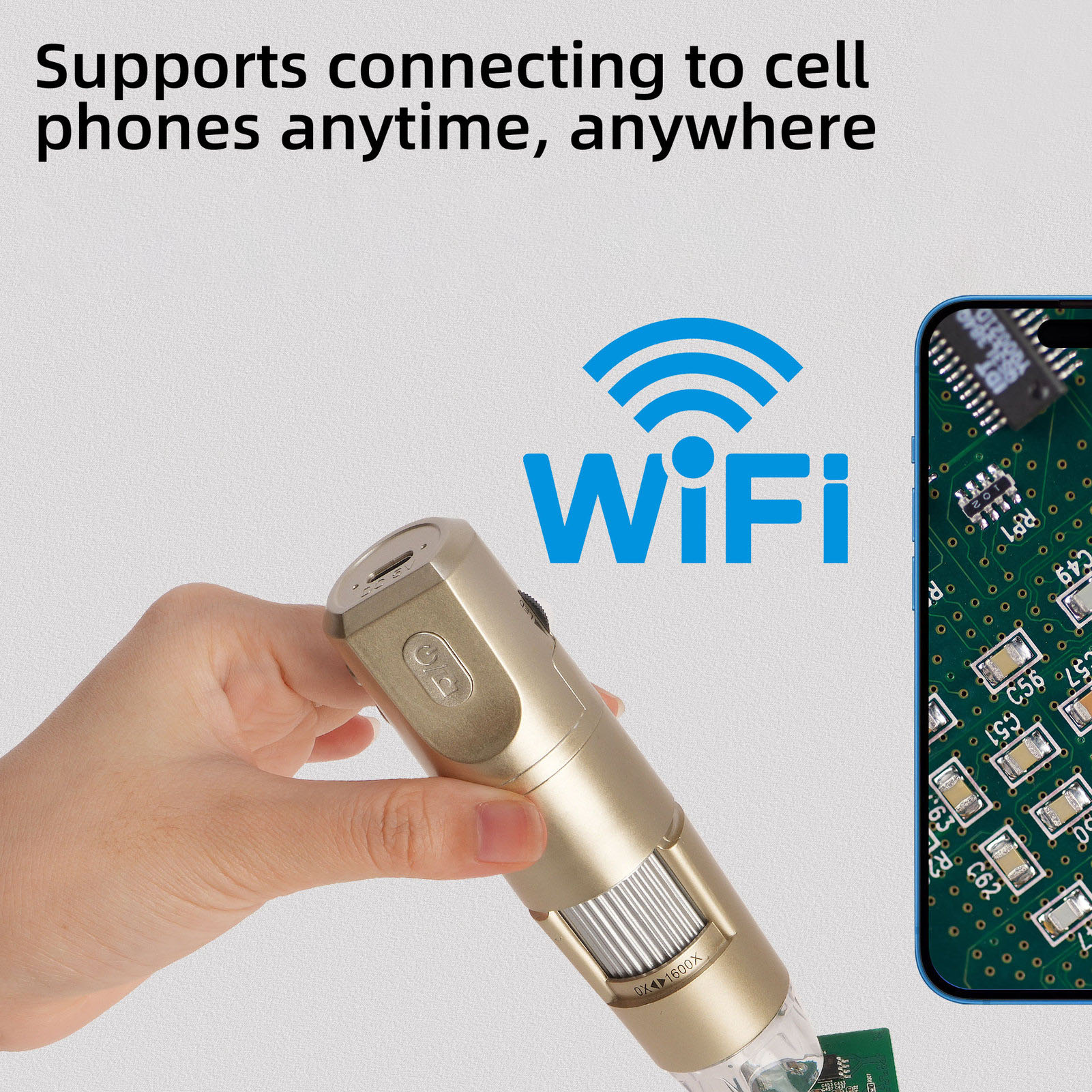 Ein goldenes Mikroskop mit einem Bild einer Leiterplatte und WLAN-Symbol.