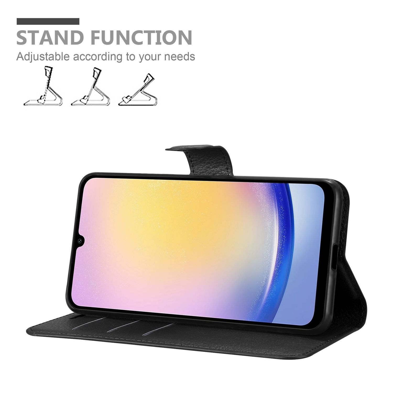 Schwarze Handyhülle mit Handy. Text: Standfunktion, mit Diagrammen. Weißer Hintergrund.