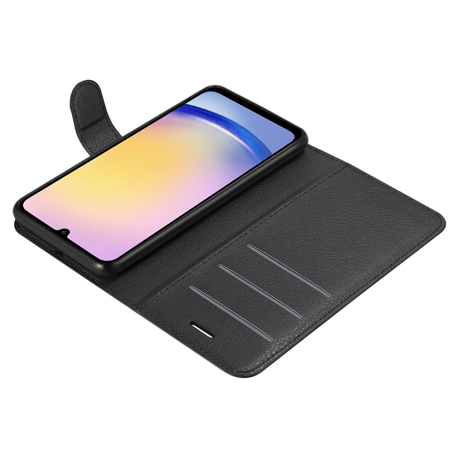 Schwarzes Telefon auf einer offenen schwarzen Brieftasche mit Kartenfächern. Weißer Hintergrund.