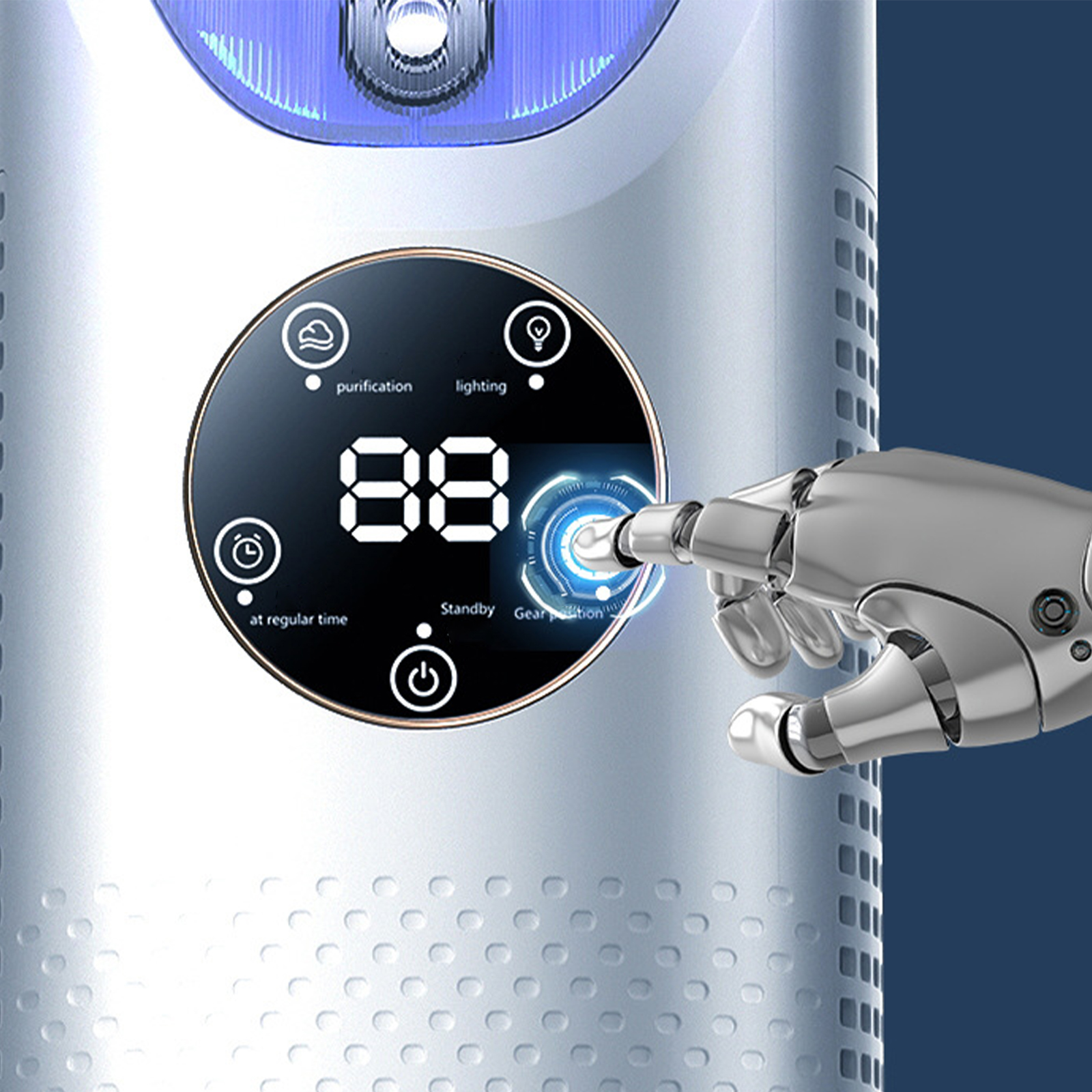 Roboterhand berührt Display auf silbernem Luftreiniger.