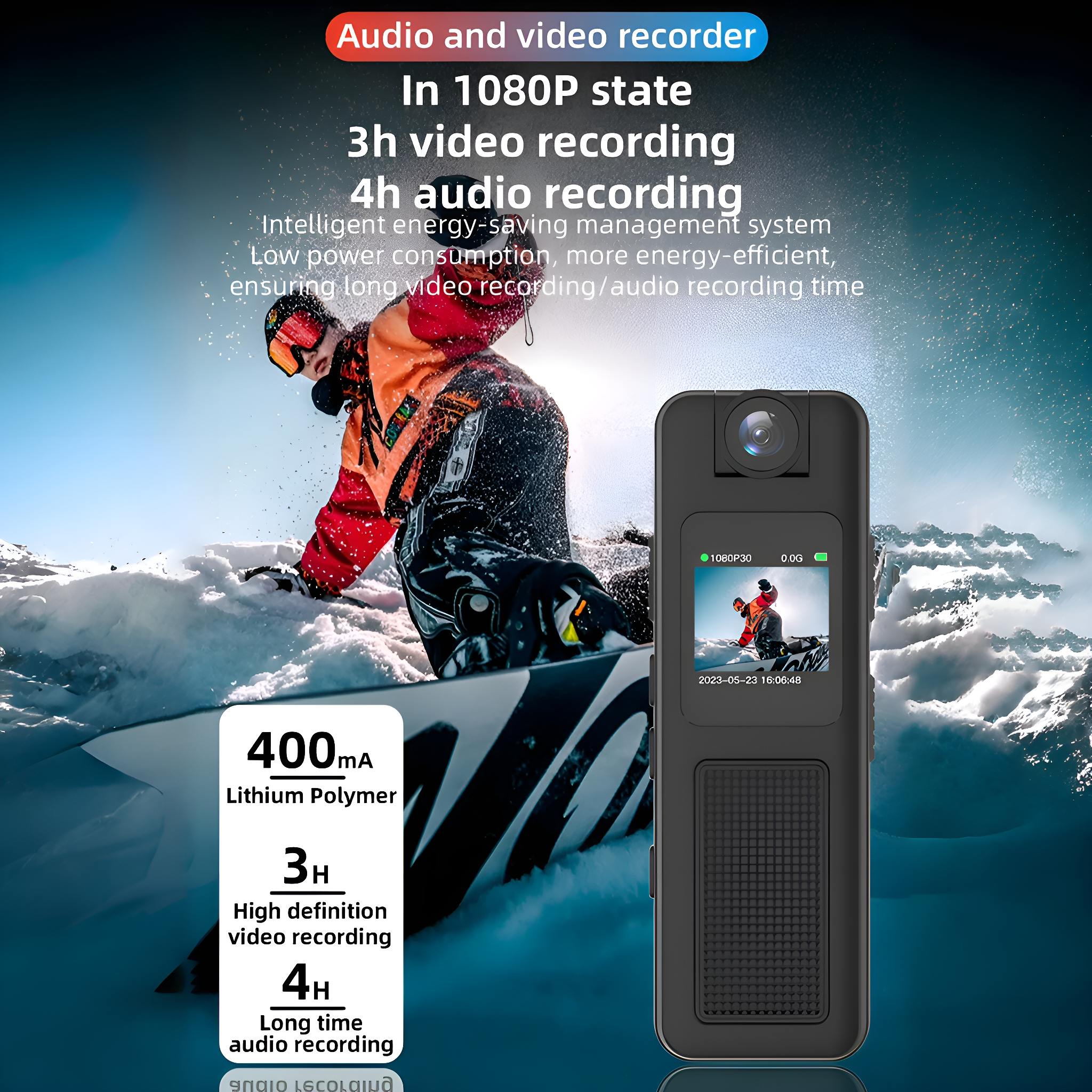 Action-Kamera nimmt Video und Audio auf. Zeigt Skifahrer auf dem Bildschirm. Text mit Specs.