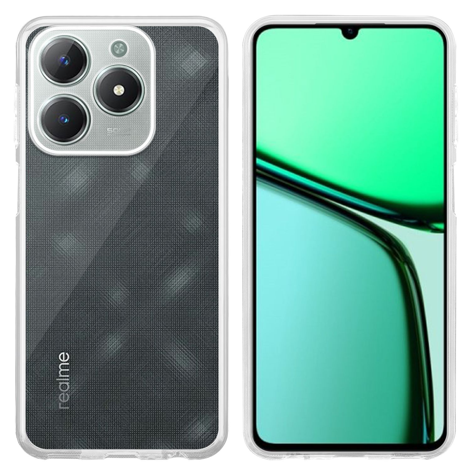 Zwei Handyhüllen, eine mit einem Telefon darin. Beide sind transparent, eine mit schwarzem Gittermuster.