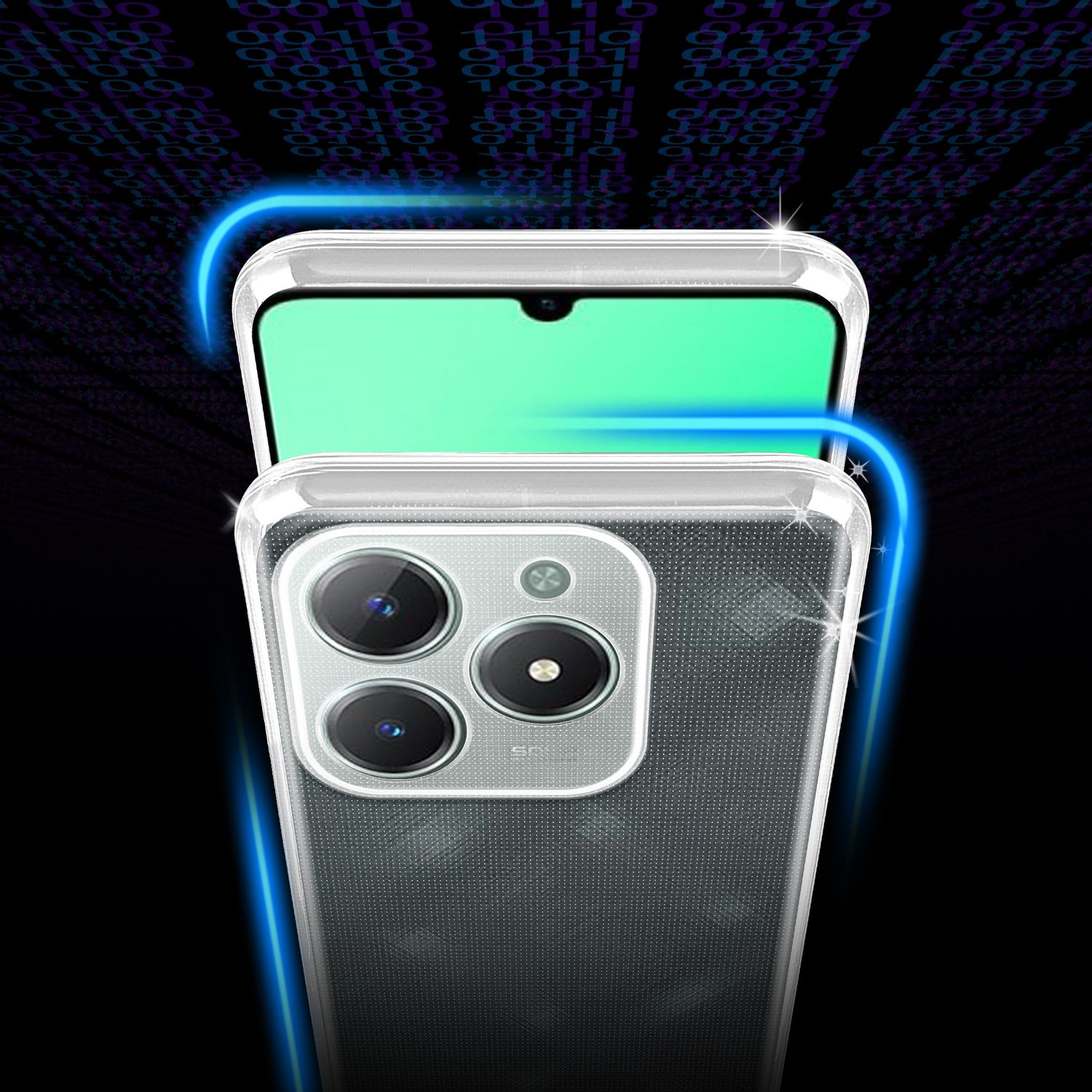 Ein Telefon mit Displayschutzfolie in einer transparenten Hülle, mit digitalem Hintergrund.