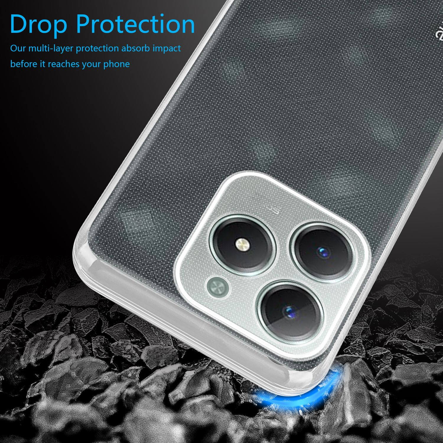 Telefon in transparenter Hülle. Schwarze Oberfläche, Nahaufnahme. Drop Protection Text.
