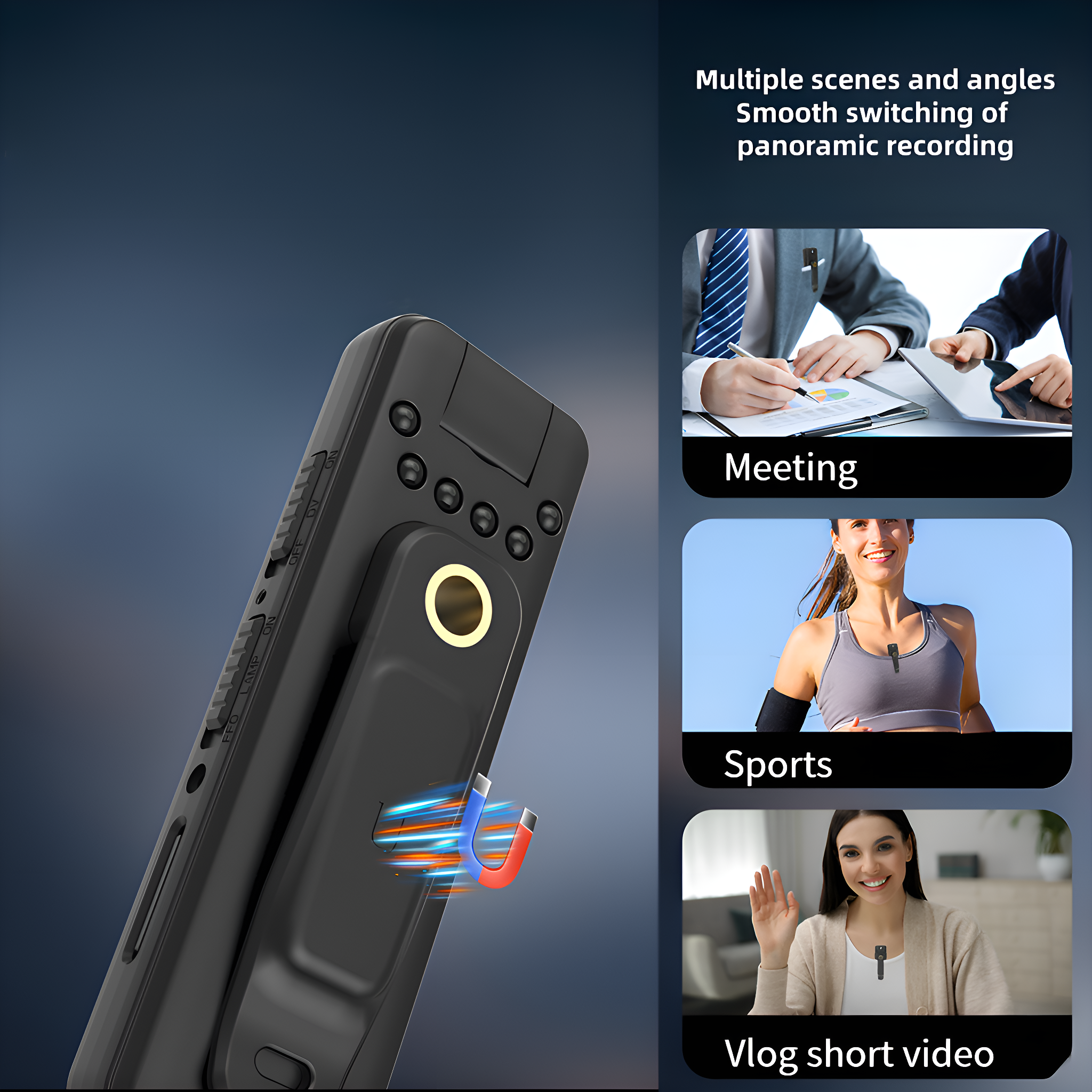 Ein schwarzes Gerät mit Clip, mit Personen im Hintergrund. Symbole für Meeting, Sport und Video.